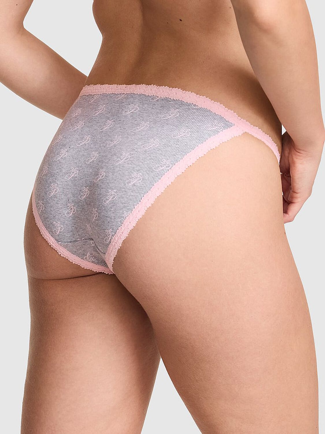 vs Pink PINK Wink&trade; Lace-Trim String Bikini Panty Medium Heather Grey Script Print 2 of 3 