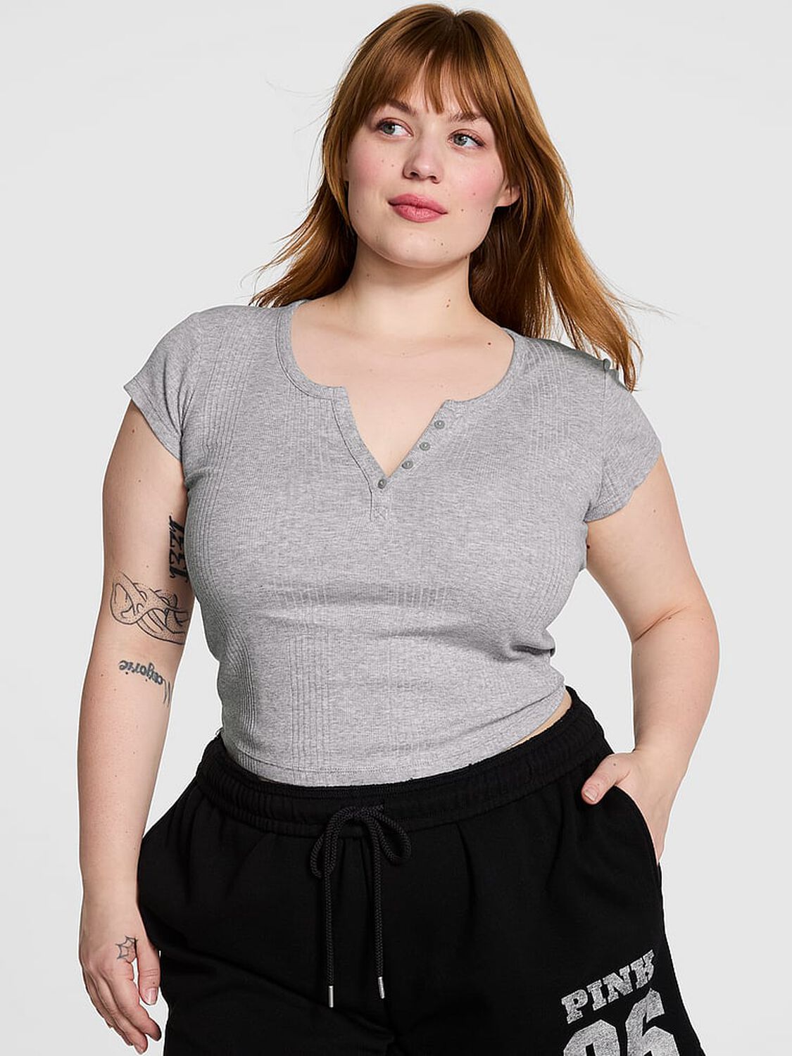 vs Pink Multi Rib Henley Tee Vs Medium Heather Grey 1 of 3 