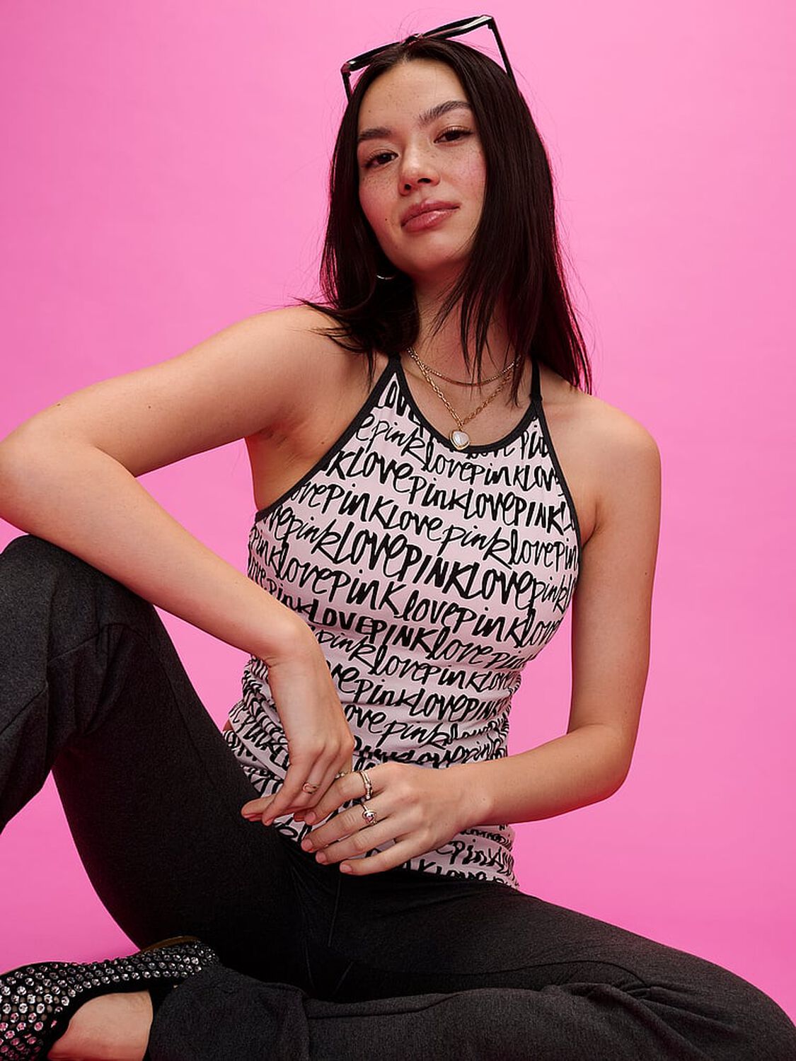 vs Pink All-Day Cotton High-Neck Bra Tank Allover Lovepink Print 3 of 4 