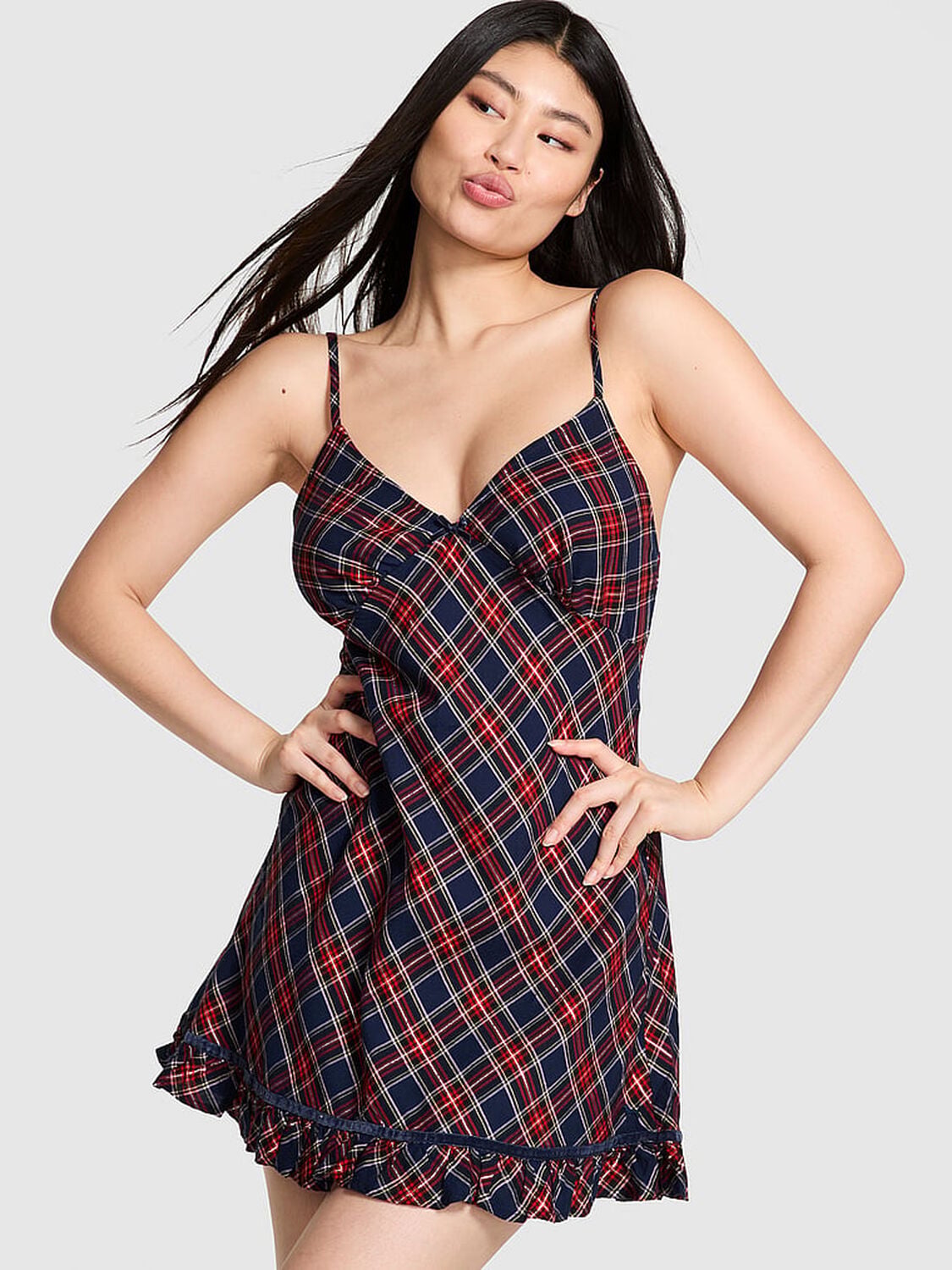 pink Pink Flannel Sleep Dress Noir Navy/ Bright Vermillion Plaid 1 of 4 