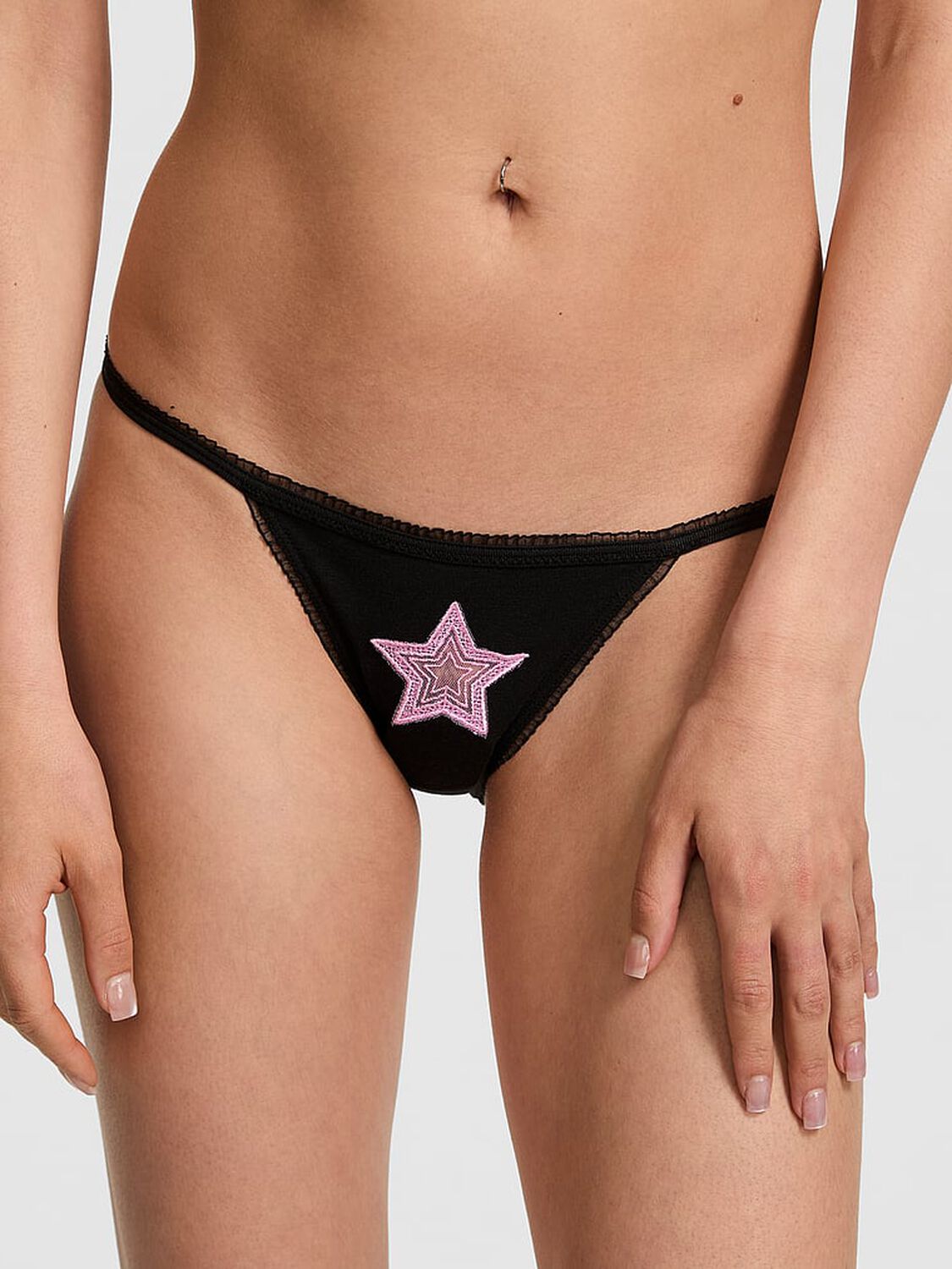 vs Pink Cotton String Bikini Panty Black With Pink Star Patch 1 of 3 