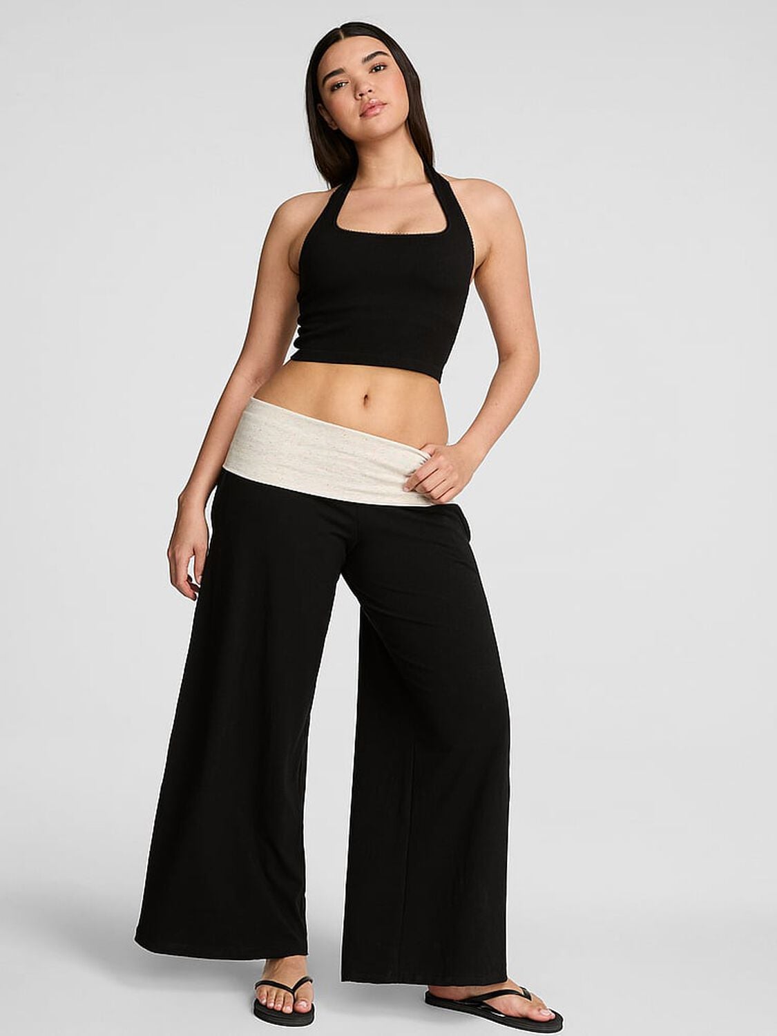 pink Pink All-Day Cotton&trade; Foldover Wide-Leg Pants Pure Black Heather Confetti 1 of 3 