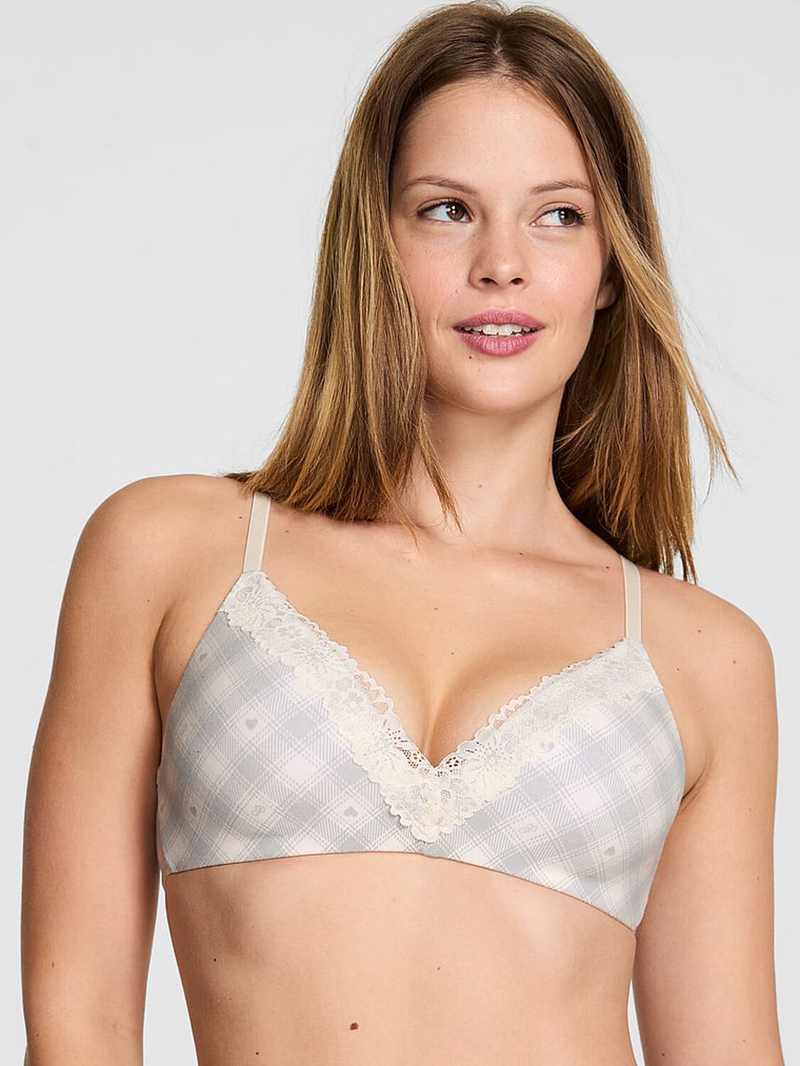 vs Pink Wear Everywhere Wear Everywhere Lightly Lined Wireless Bra Winter White Grey Plaid 1 of 2 