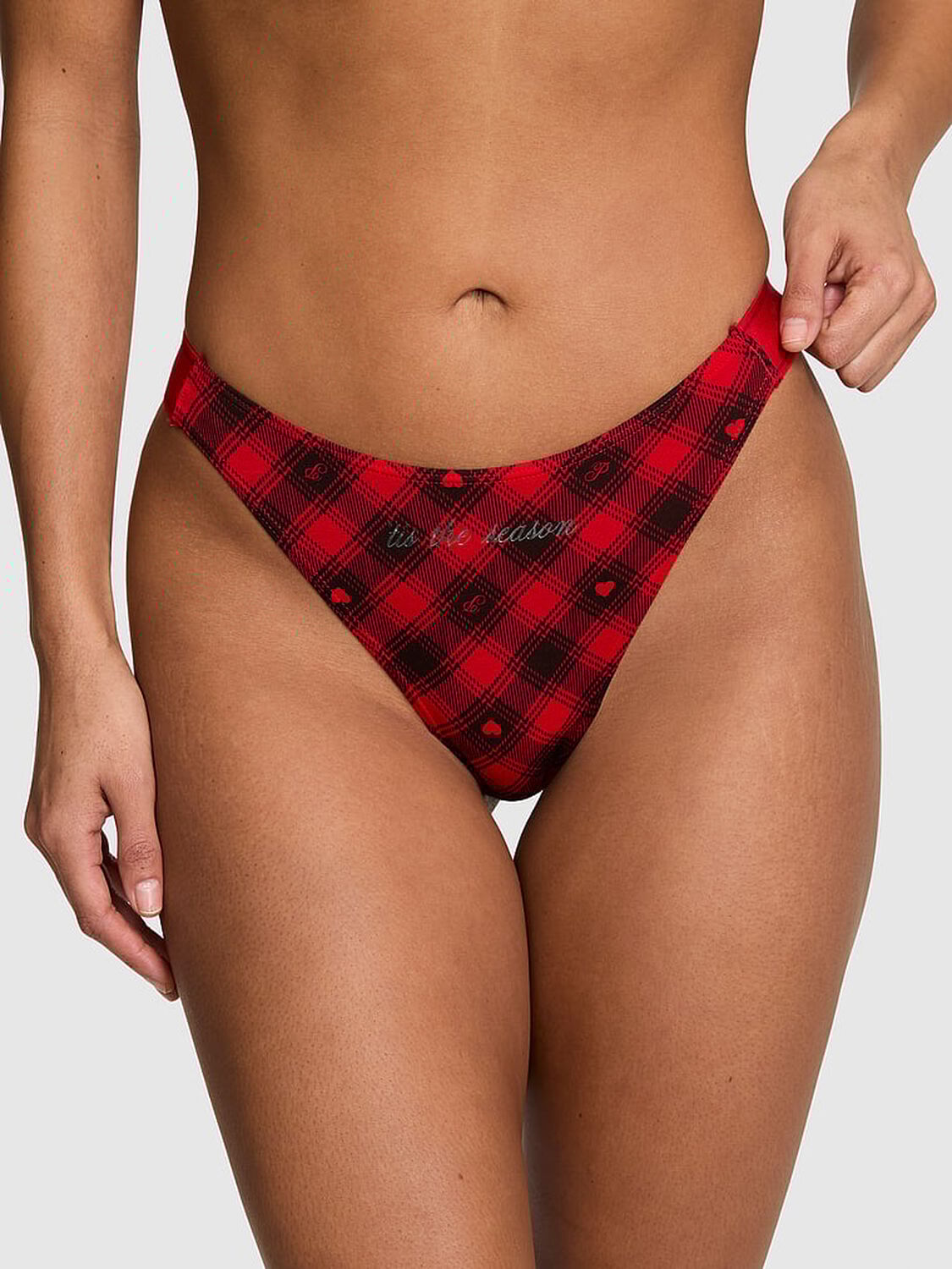 vs Pink Logo Cotton Shine High-Leg Thong Panty Bright Vermillion Plaid Print Foil 'Tis The Season Graphic 1 of 3 