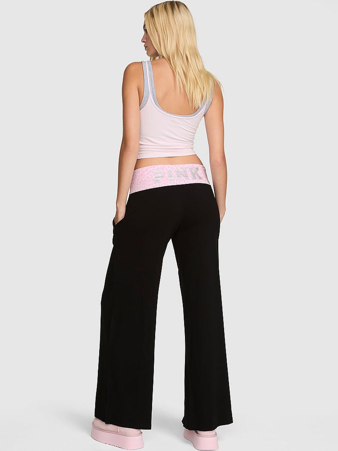 vs Pink All-Day Cotton&trade; Foldover Wide-Leg Pants Pure Black Pink Leopard With Bling Waistband 2 of 3 