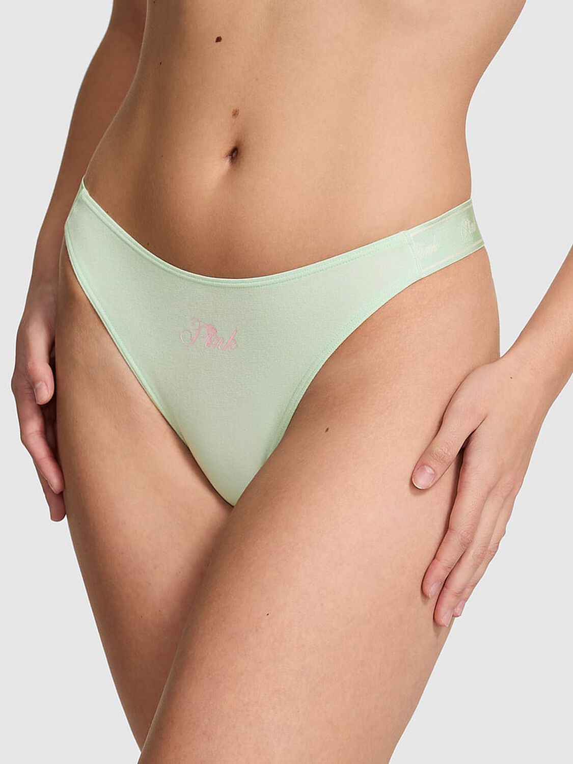 vs Pink Logo Cotton Shine High-Leg Thong Panty Mint With Pink Graphic 1 of 3 