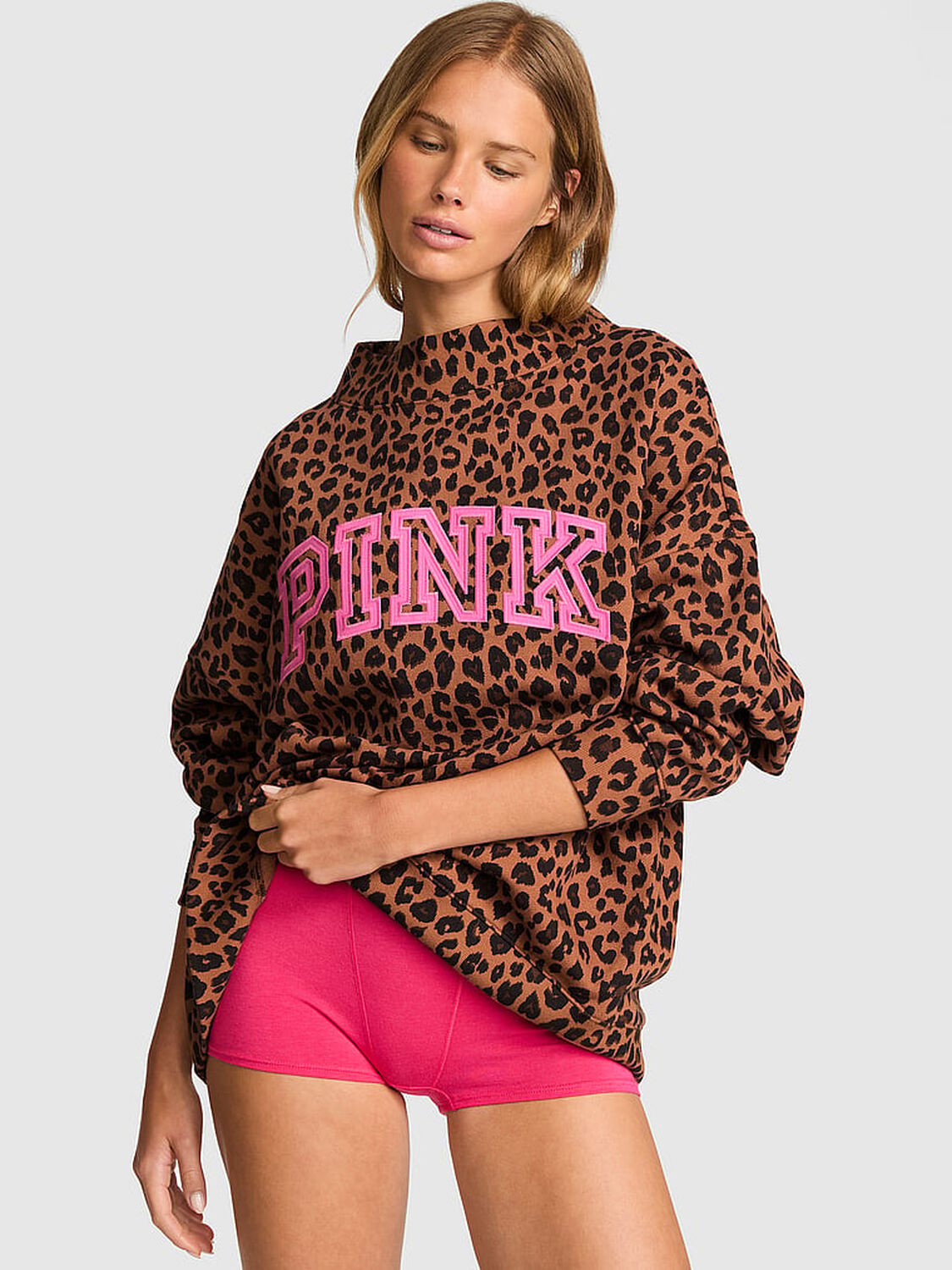 vs Pink Campus Fleece&trade; Oversized Mock-Neck Sweatshirt Leopard 1 of 3 
