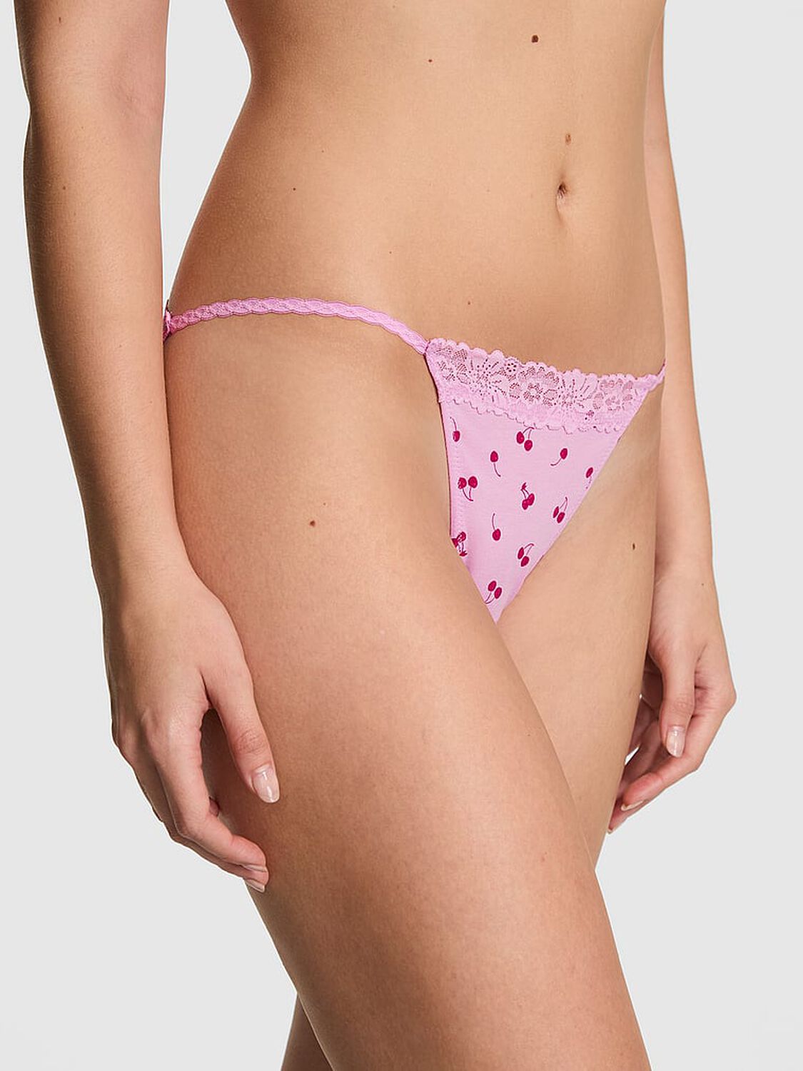 vs Pink Cotton Lace-Trim String Bikini Panty Hushed Lilac Cherry  With Purple Lace 1 of 4 
