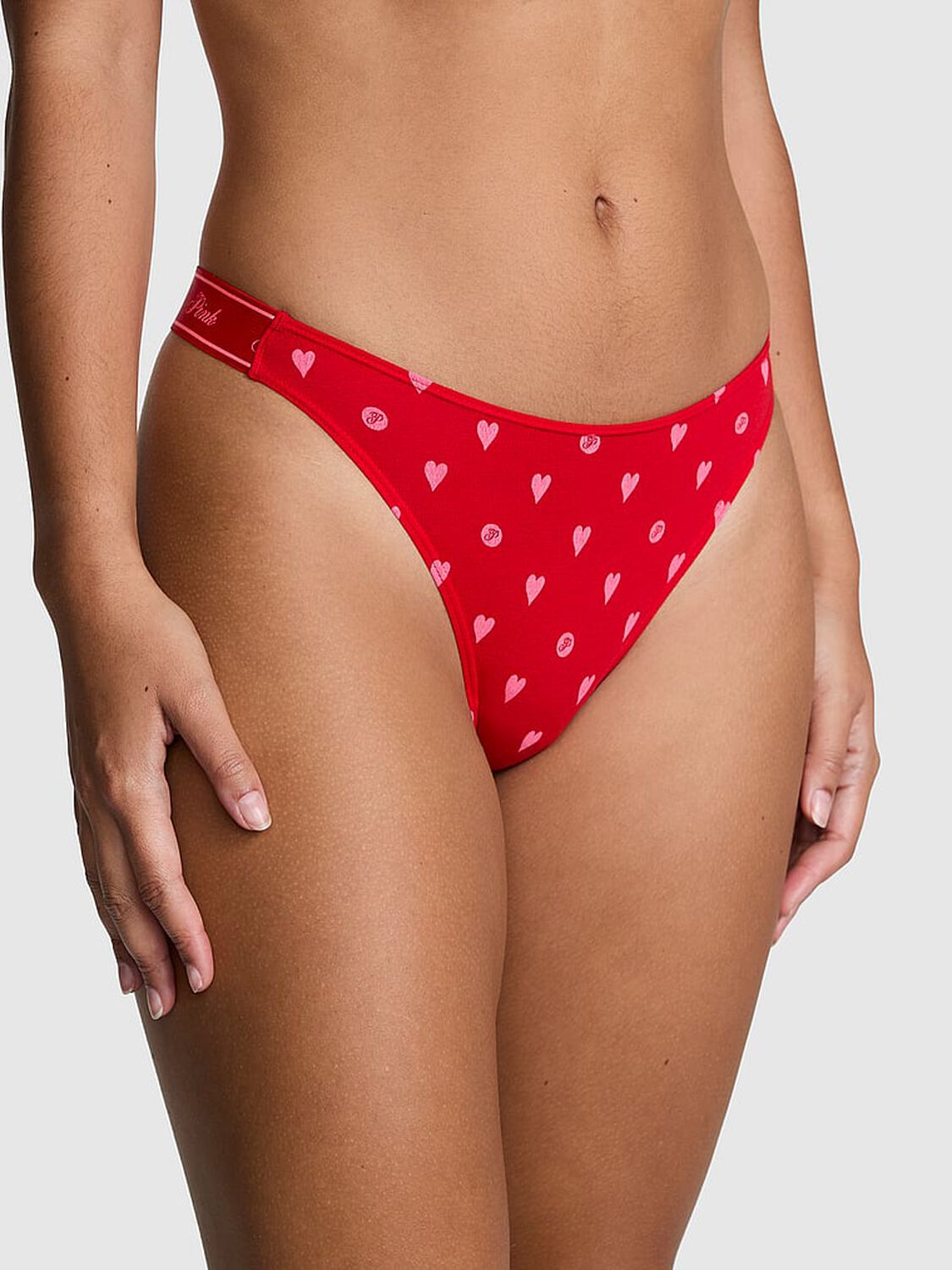 vs Pink Logo Cotton Shine High-Leg Thong Panty Bright Vermillion Heart Dot Print 1 of 3 