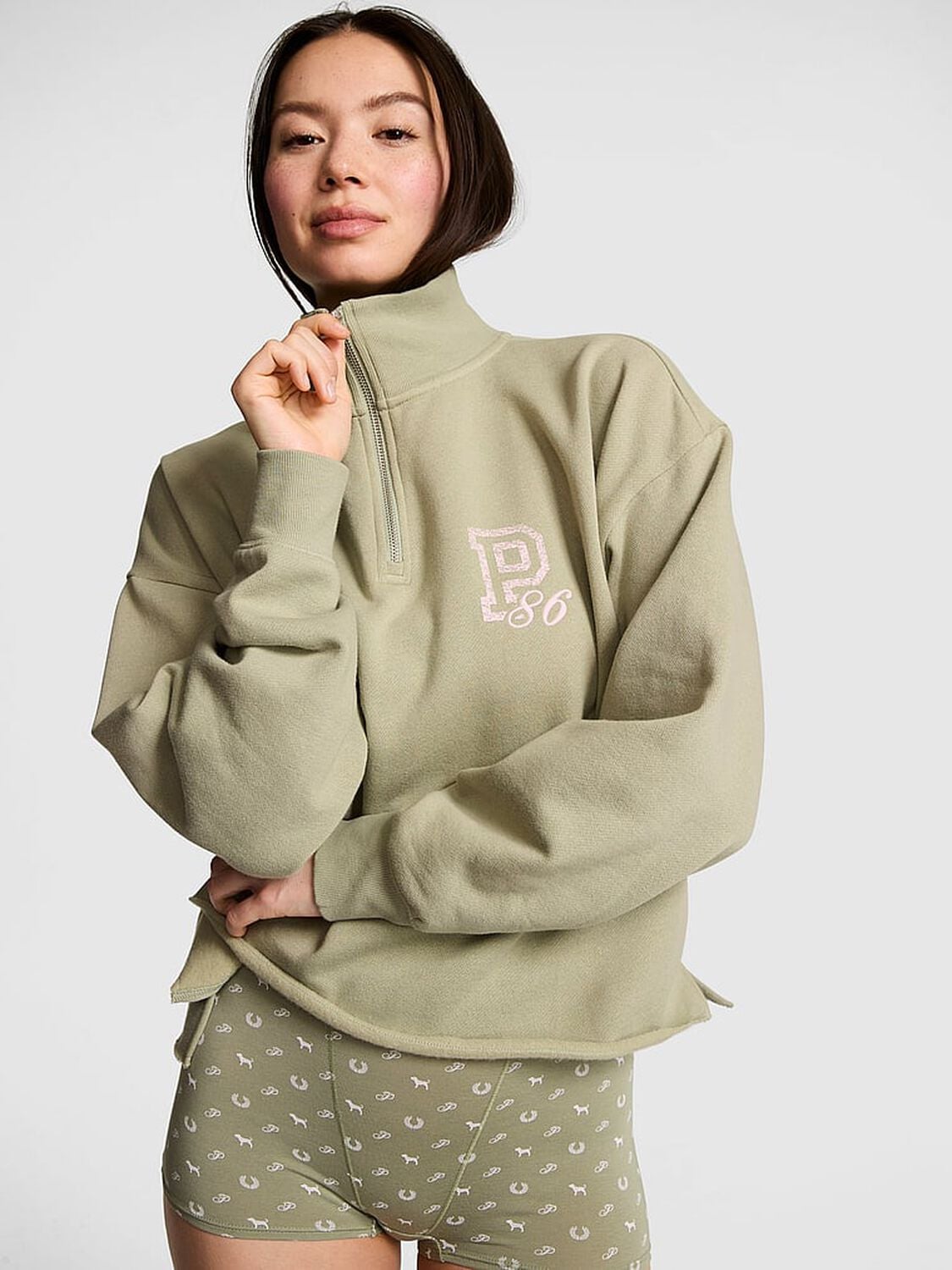 vs Pink Campus Fleece&trade; Quarter-Zip Straight-Cut Sweatshirt Slate Green 1 of 3 