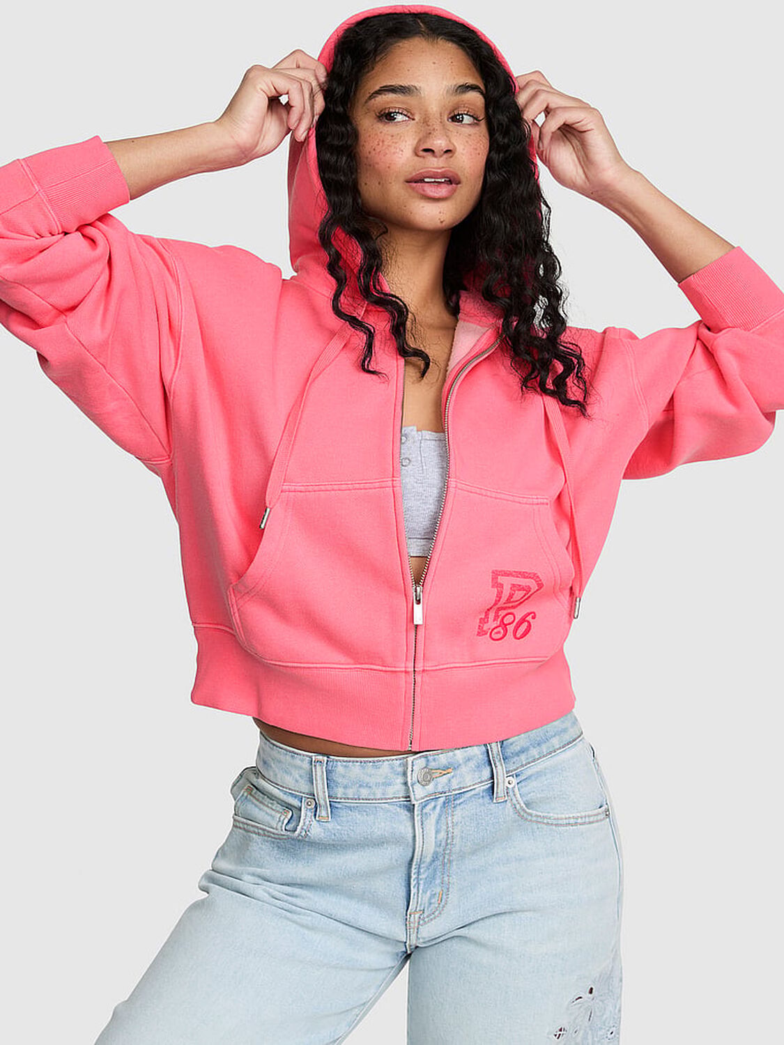 vs Pink Campus Fleece&trade; Shrunken Full-Zip Hoodie Vivid Pink 1 of 3 