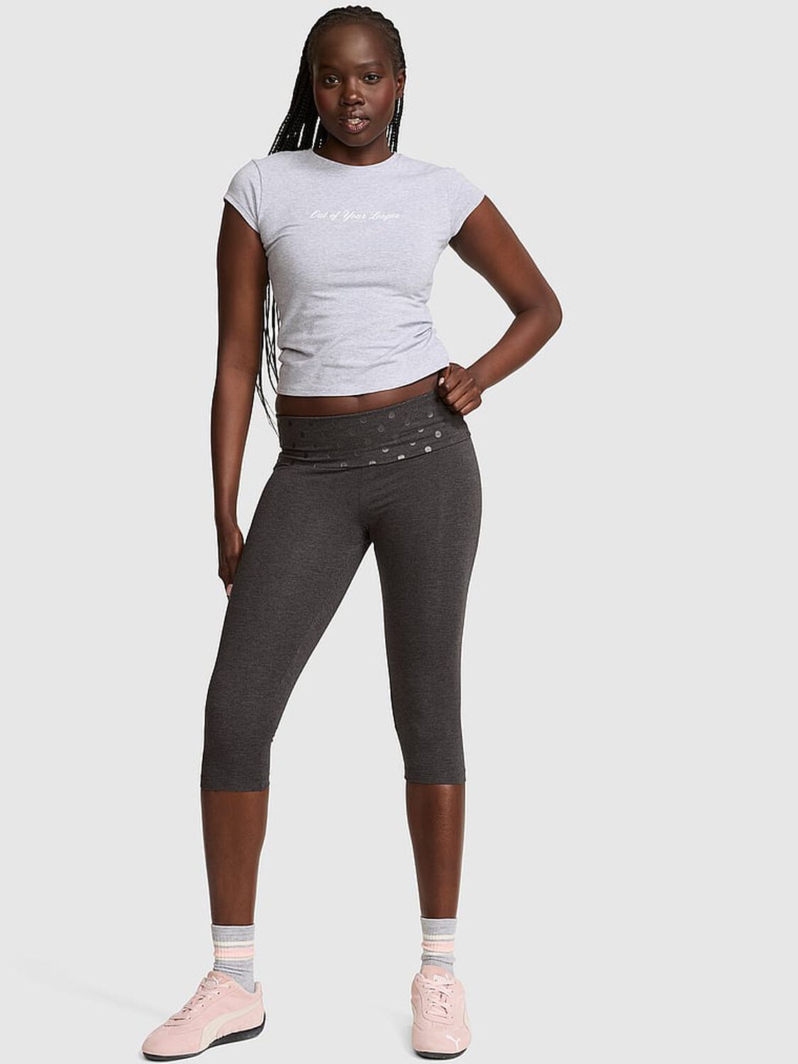vs Pink All-Day Cotton&trade; Foldover Capri Leggings Charcoal Heather Grey 1 of 2 