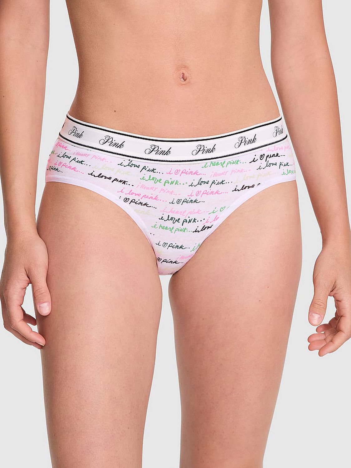vs Pink Logo Cotton Hiphugger Panty White Script Print 1 of 3 