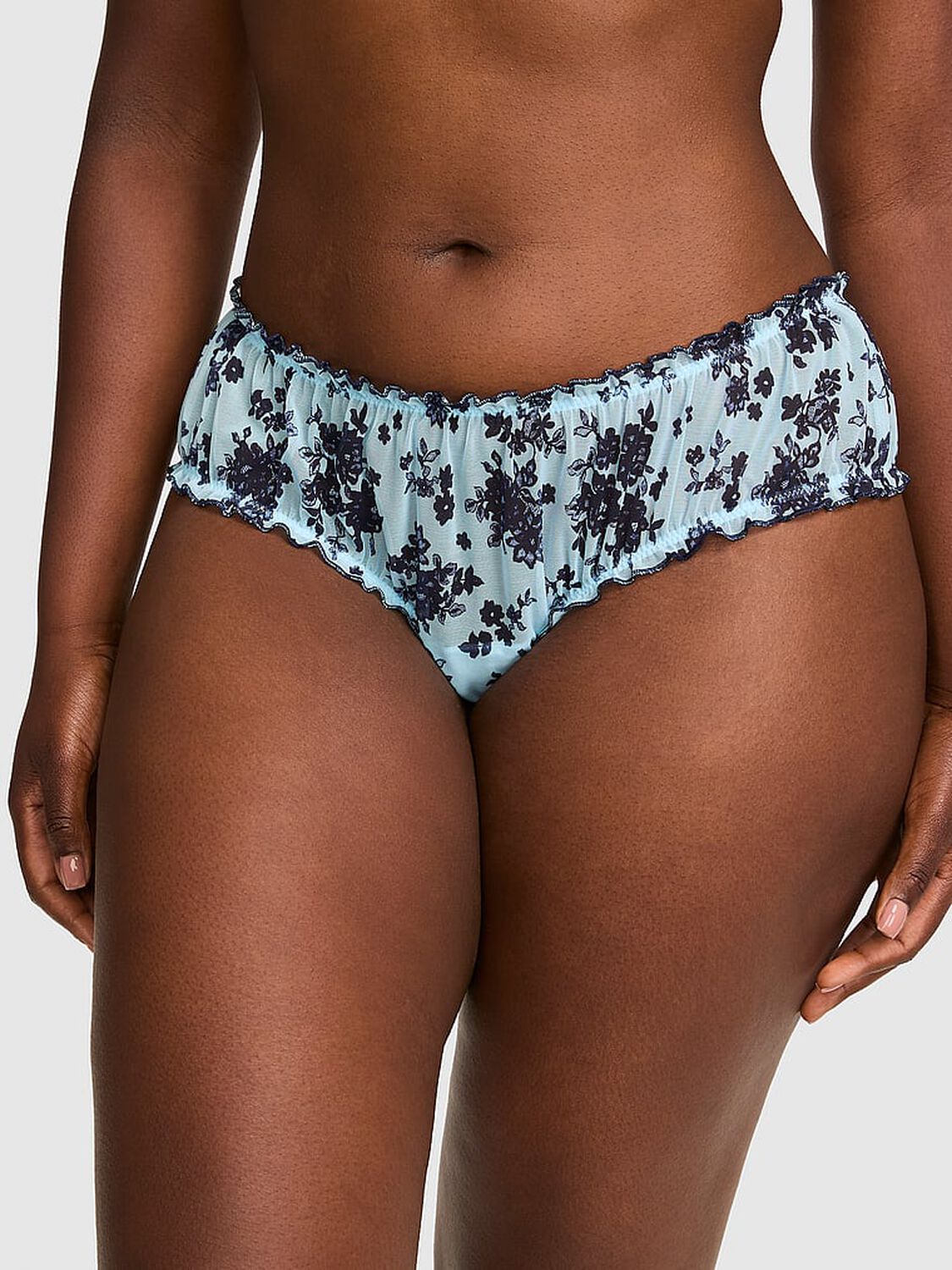 vs Pink PINK Wink&trade; Ruﬄe Cheeky Panty Stream Blue Floral 1 of 3 