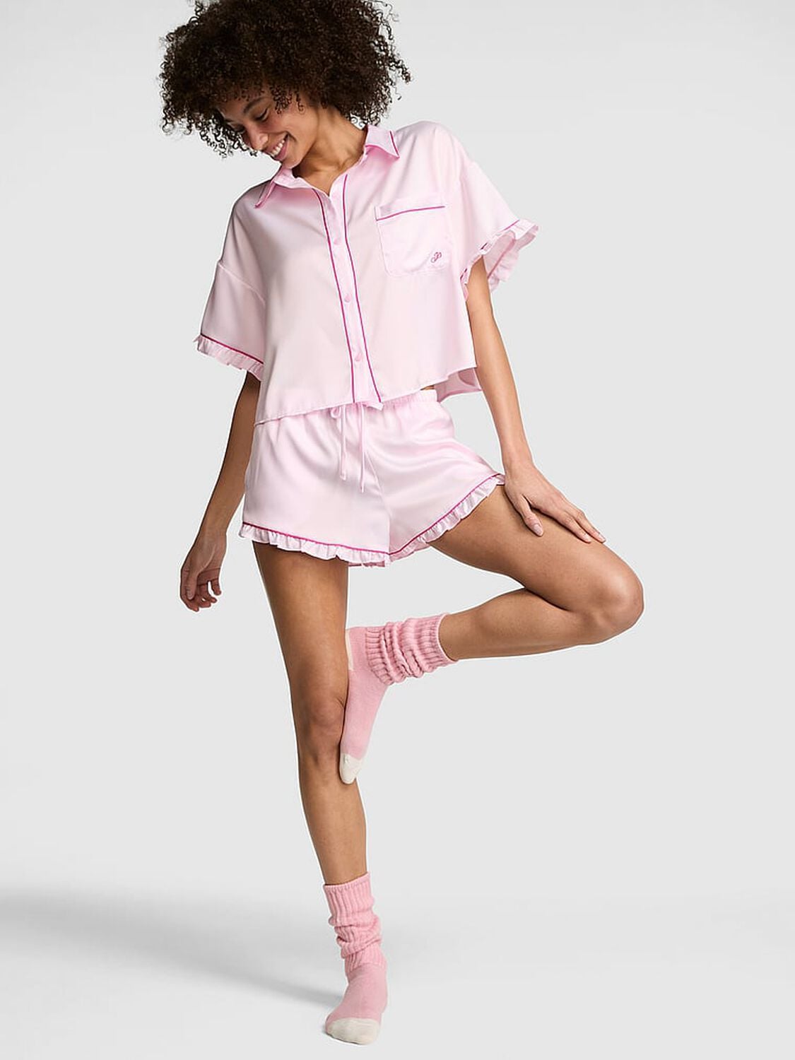 vs Pink GRWPINK&trade; Satin Short-Sleeve and Shorts Pajama Set Pink Tulip 1 of 3 