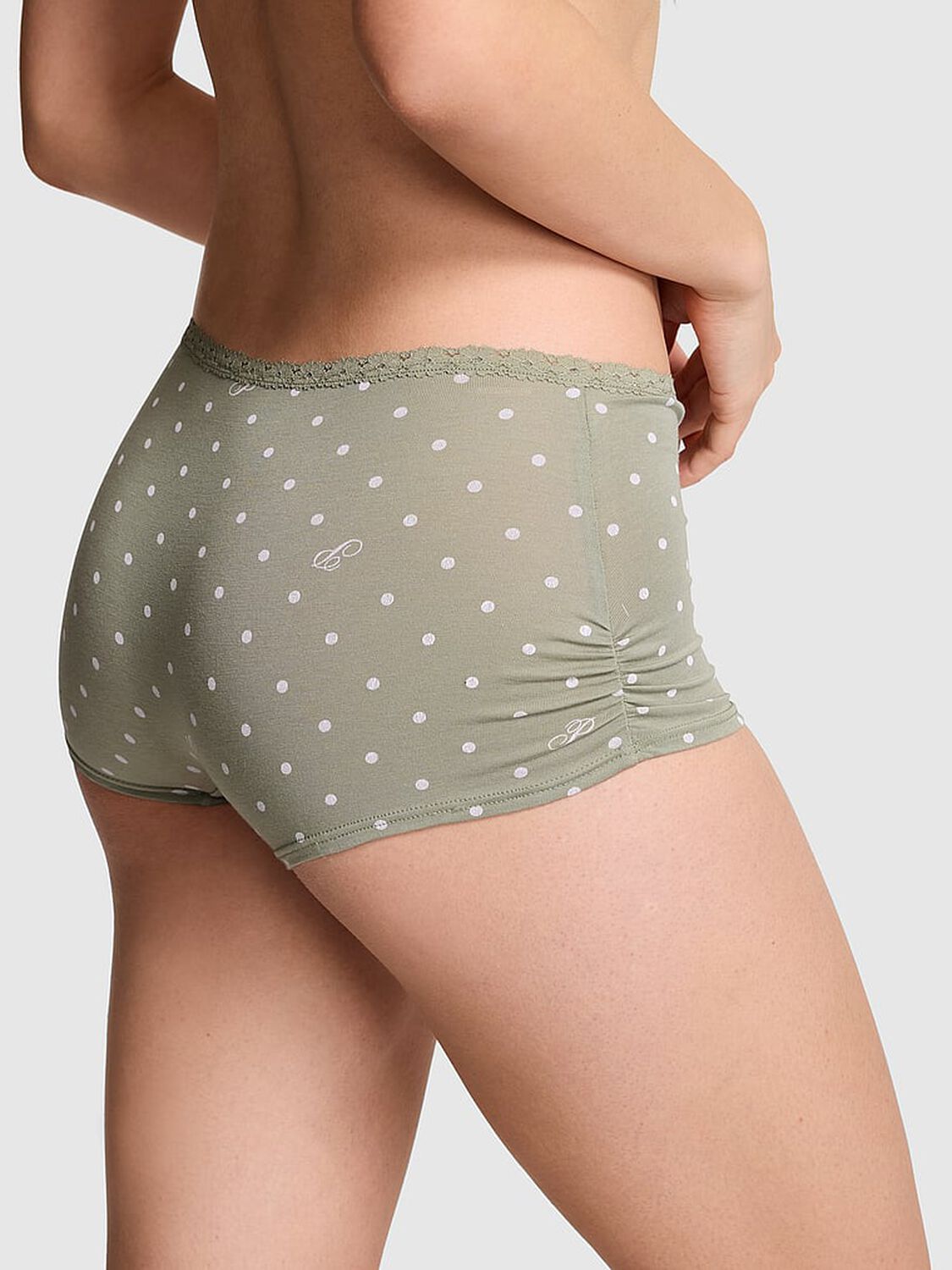 vs Pink Cotton Dorm Boyshort Panty Slate Green Dot "P" 2 of 3 