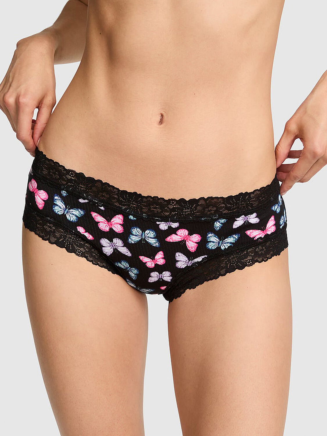 vs Pink Cotton Lace Trim Cheeky Panty Black Multi Color Butterfly 1 of 3 