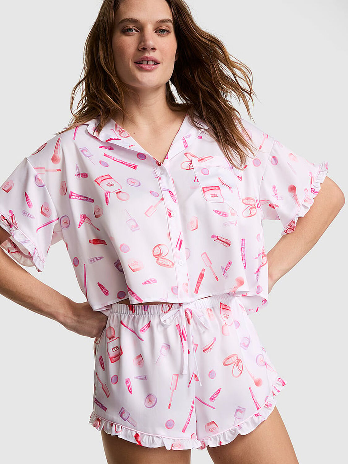 pink Pink GRWPINK&trade; Satin Short-Sleeve and Shorts Pajama Set White With Makeup Print 1 of 4 