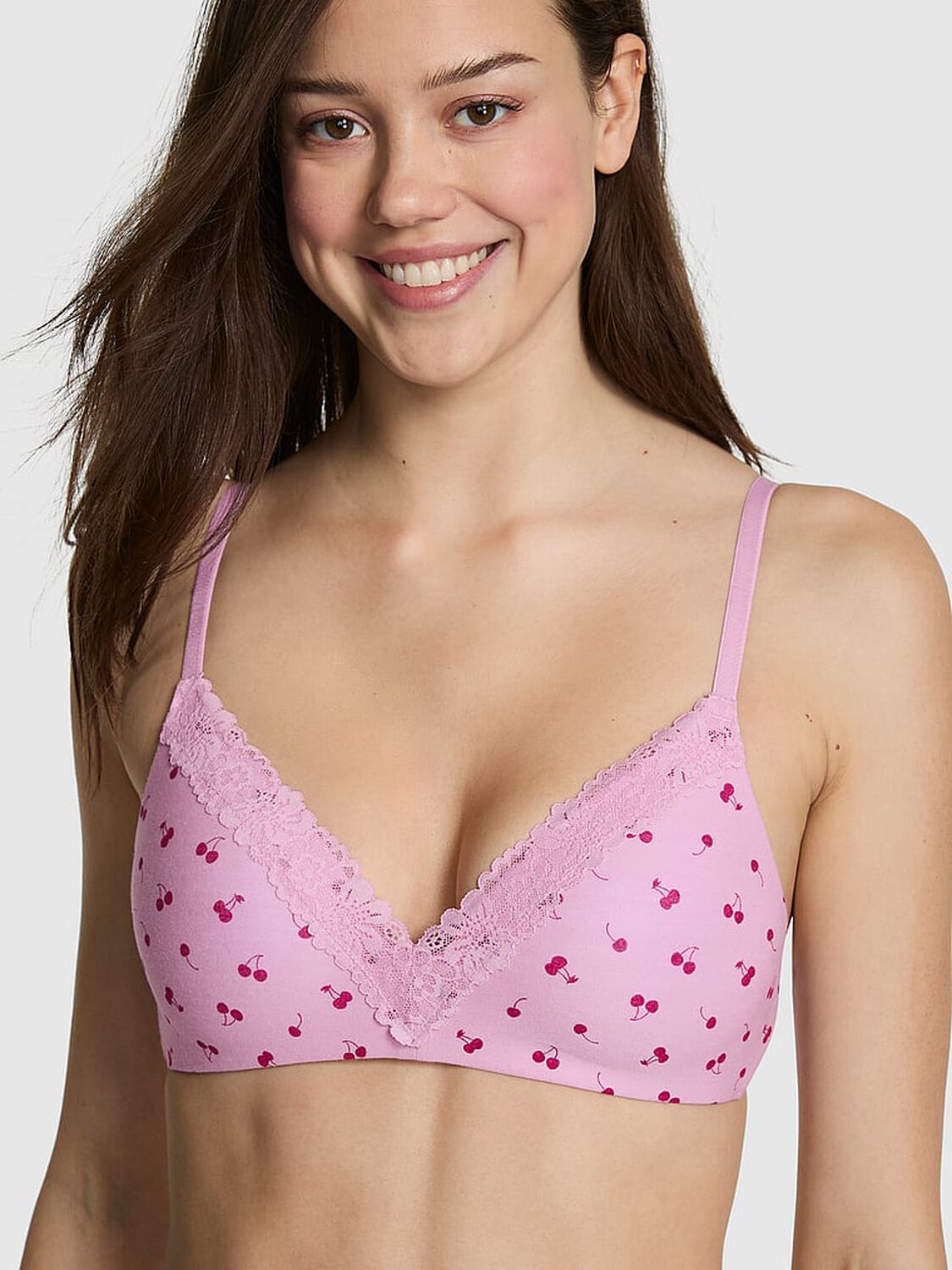 vs Pink Wear Everywhere Wear Everywhere Lightly Lined Wireless Bra Hushed Lilac Cherry Print 1 of 3 