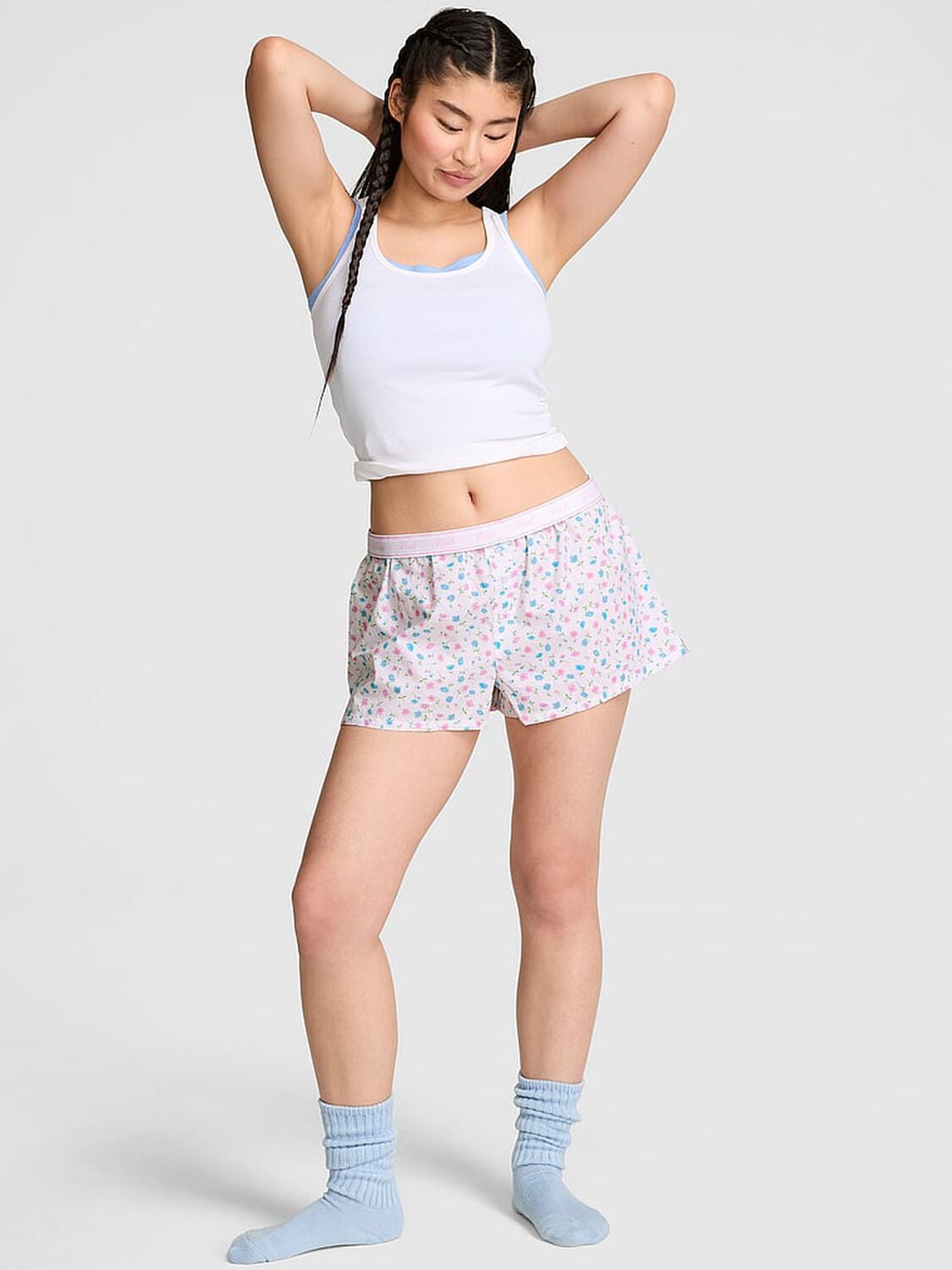 pink Pink Cotton Boxy Pajama Shorts White Floral Print 1 of 3 