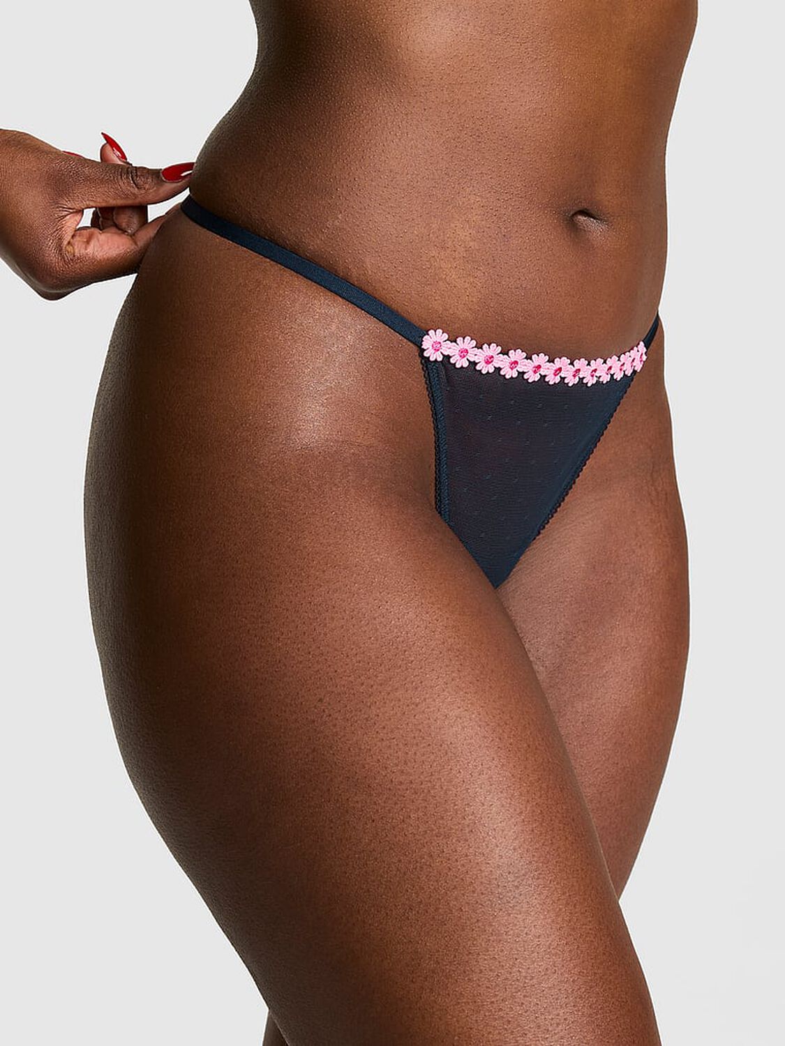 vs Pink Lace V-String Panty Noir Navy 1 of 3 