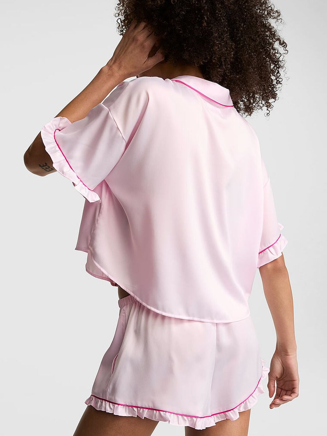 vs Pink GRWPINK&trade; Satin Short-Sleeve and Shorts Pajama Set Pink Tulip 2 of 3 