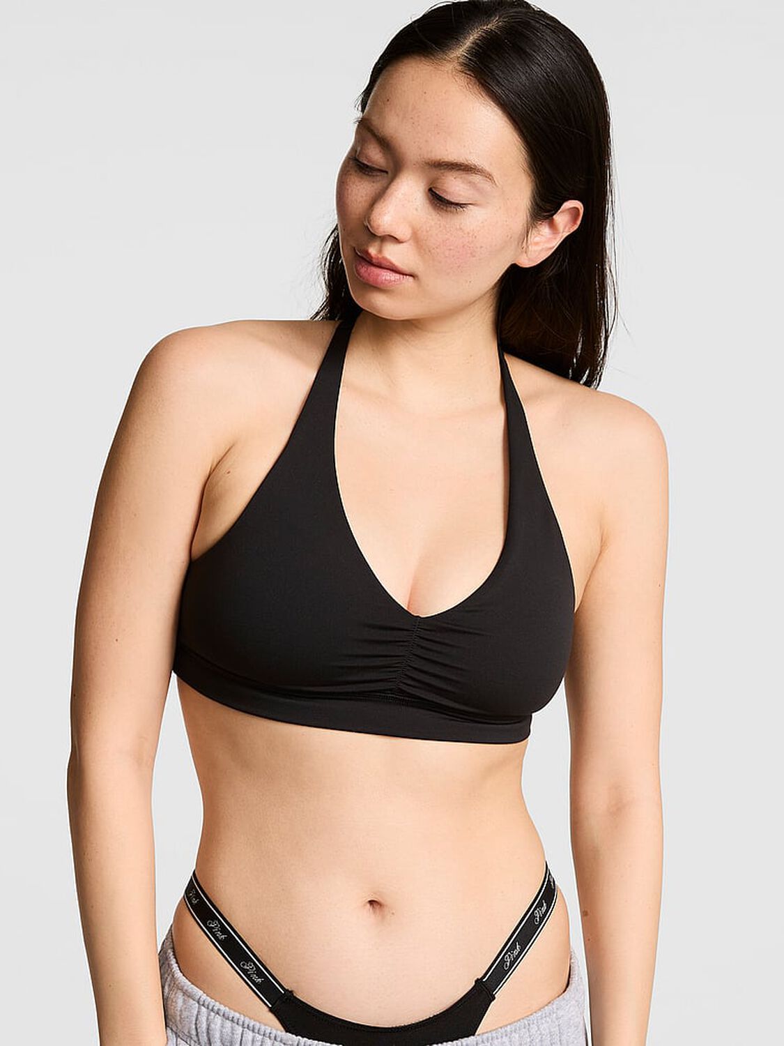 vs Pink PINK Relay&trade; Ruched Plunge Sports Bra Black 1 of 2 