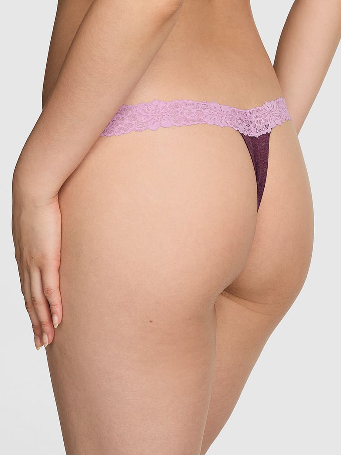 vs Pink Cotton Lace-Trim Thong Panty Burgundy 2 of 3 