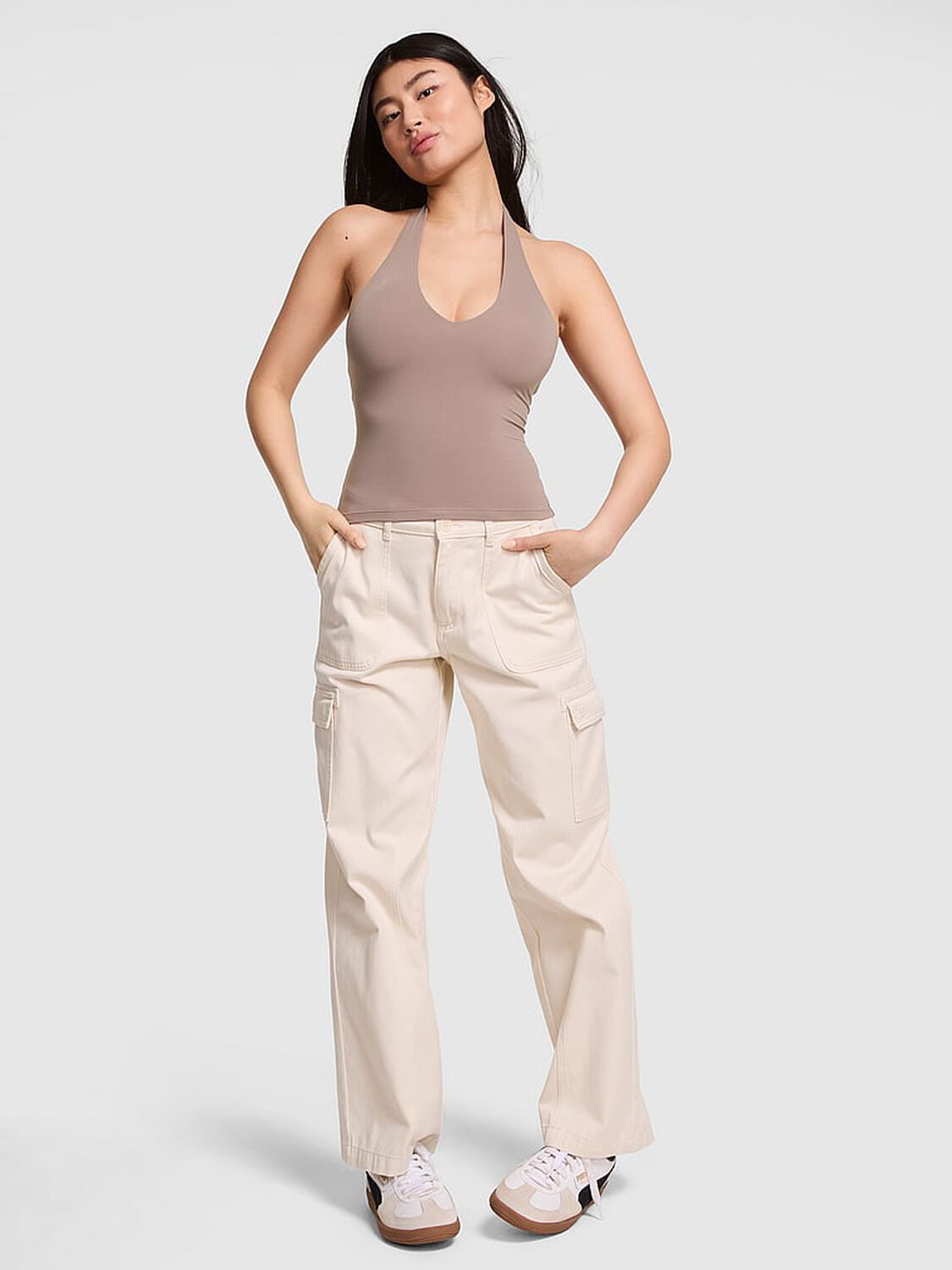 vs Pink Base Stretch Halter Tank Top Iced Coffee 1 of 3 