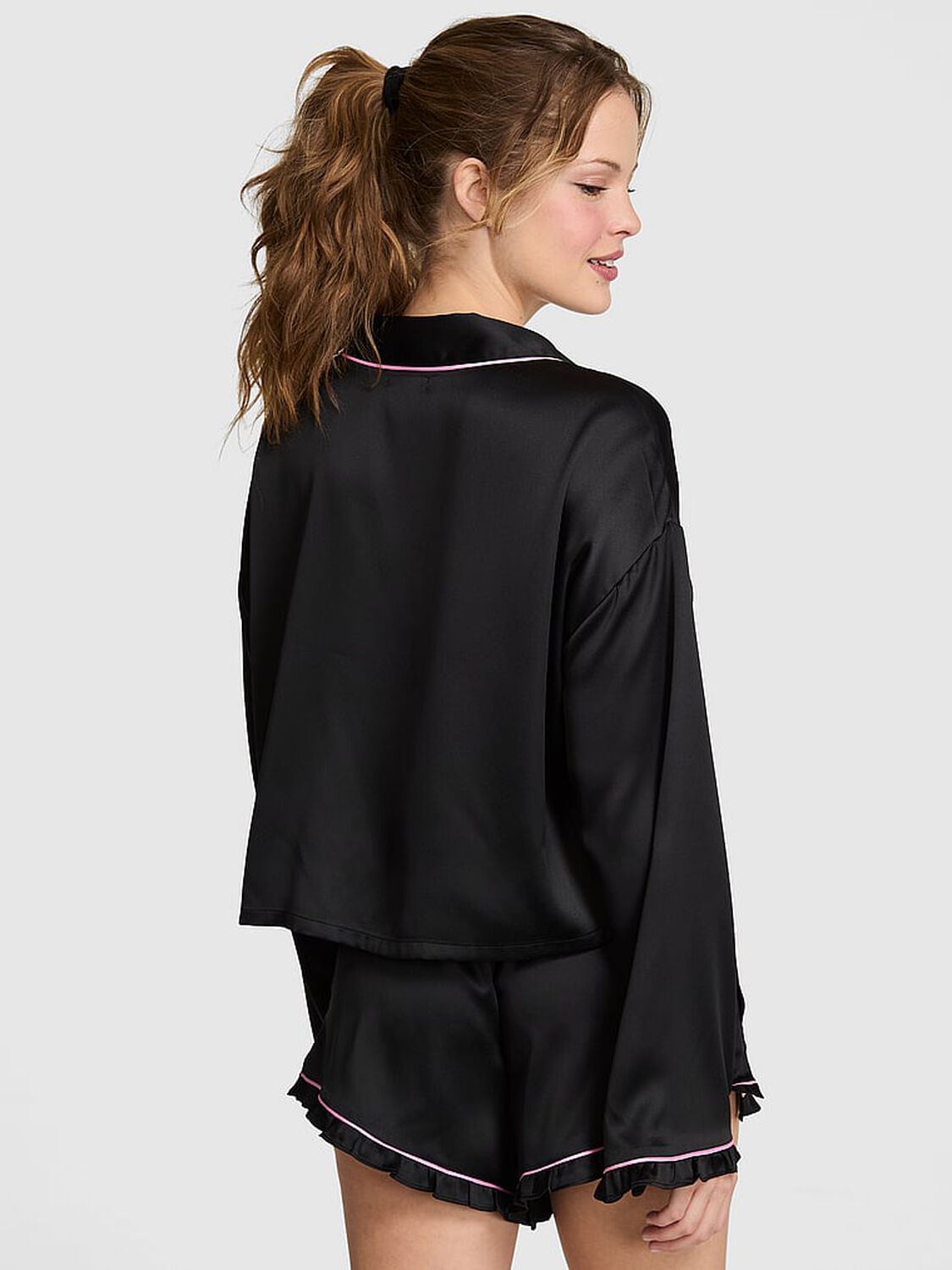 vs Pink GRWPINK&trade; Satin Long-Sleeve and Shorts Pajama Set Black With Pink Trims 2 of 4 