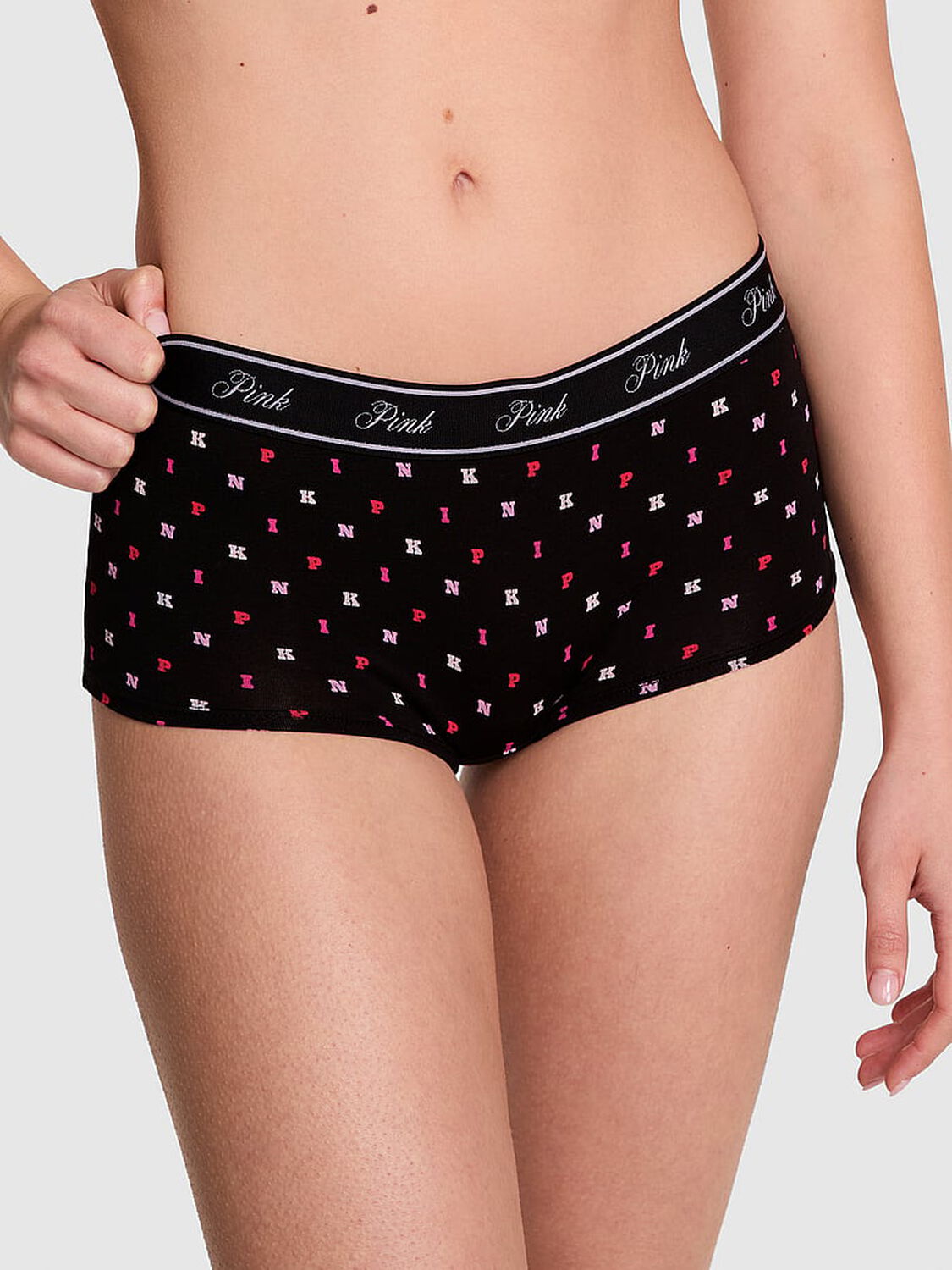 vs Pink Logo Cotton Boyshort Panty Black Block P I N K Print 1 of 3 