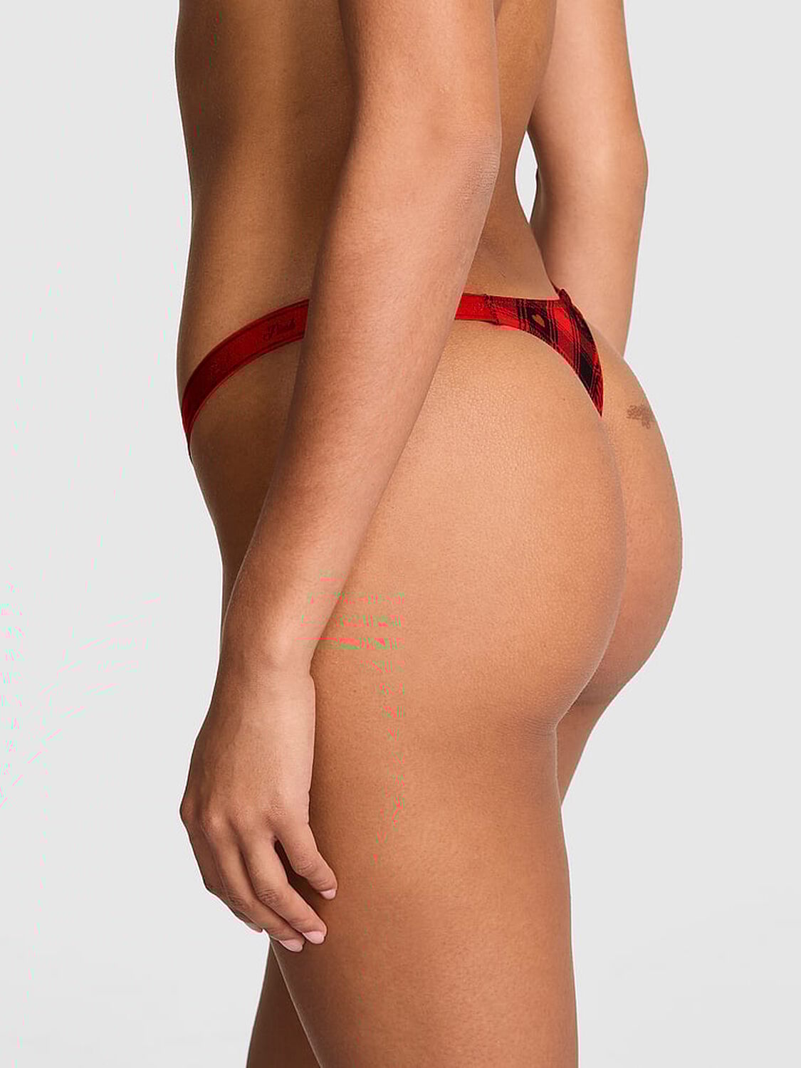 vs Pink Logo Cotton High-Leg Micro Thong Panty Bright Vermillion Plaid Print Foil 'Tis The Season Graphic 2 of 3 