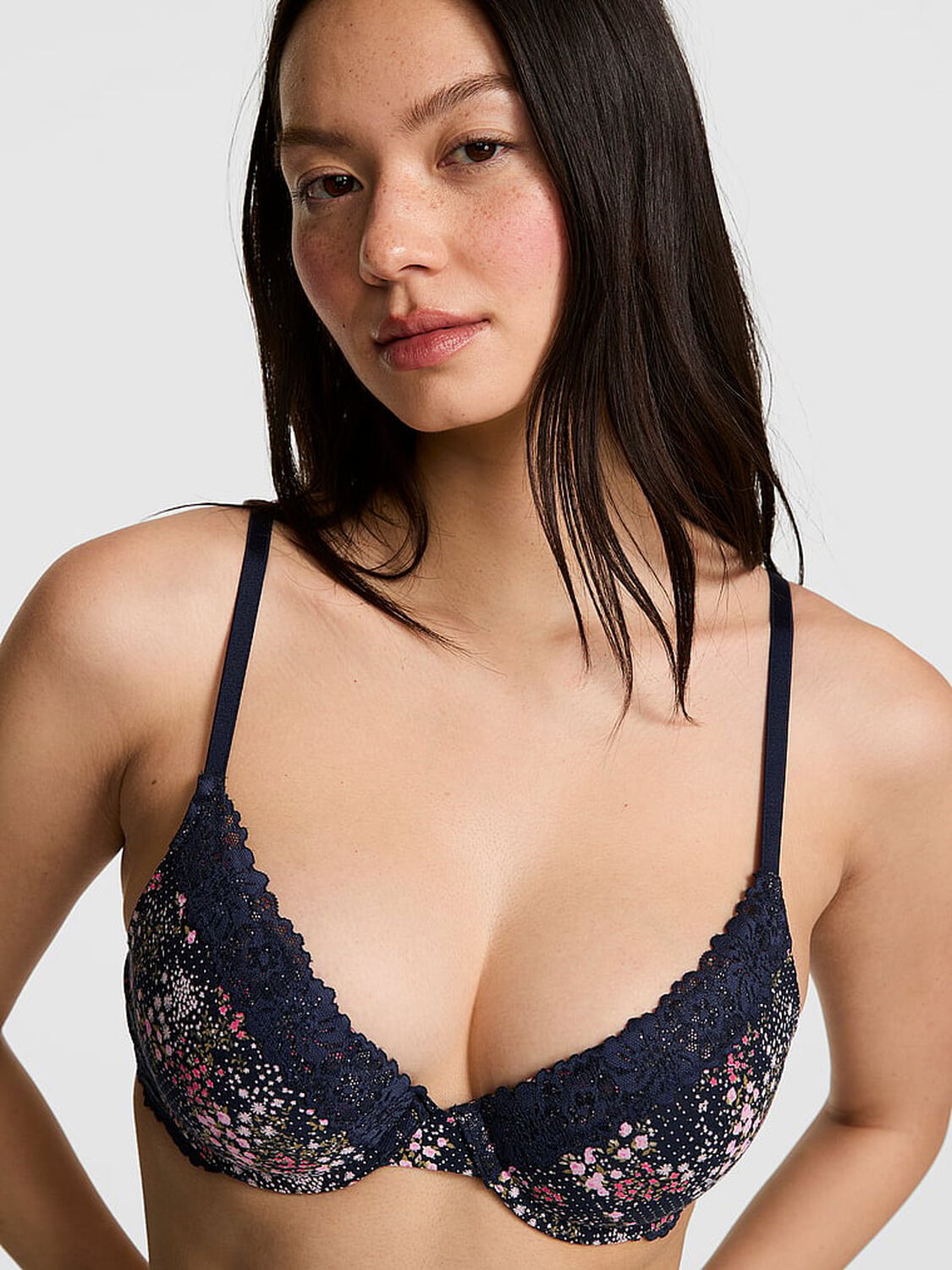 vs Pink Wear Everywhere Wear Everywhere&trade; Push-Up Bra Noir Navy Floral 1 of 3 