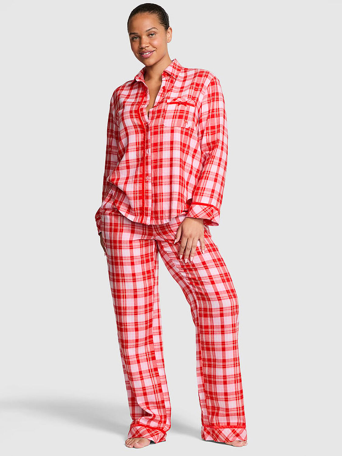 pink Pink Flannel Long Pajama Set New Bright Vermillion/Pink Lollipop Plaid 1 of 2 