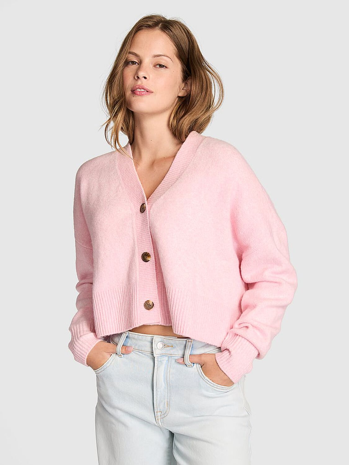 vs Pink Comfy Girl Cropped V-Neck Cardigan Coconut Pink 1 of 3 