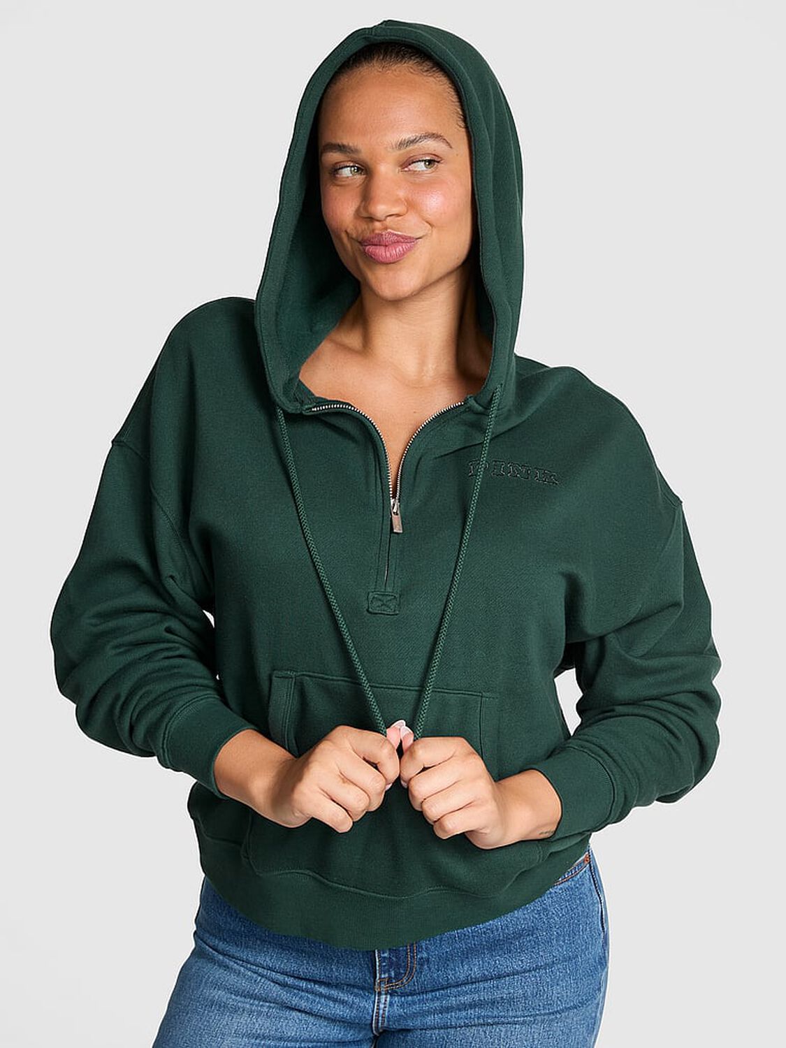 vs Pink Ivy Fleece Campus Half-Zip Hoodie Deep Forest 1 of 3 