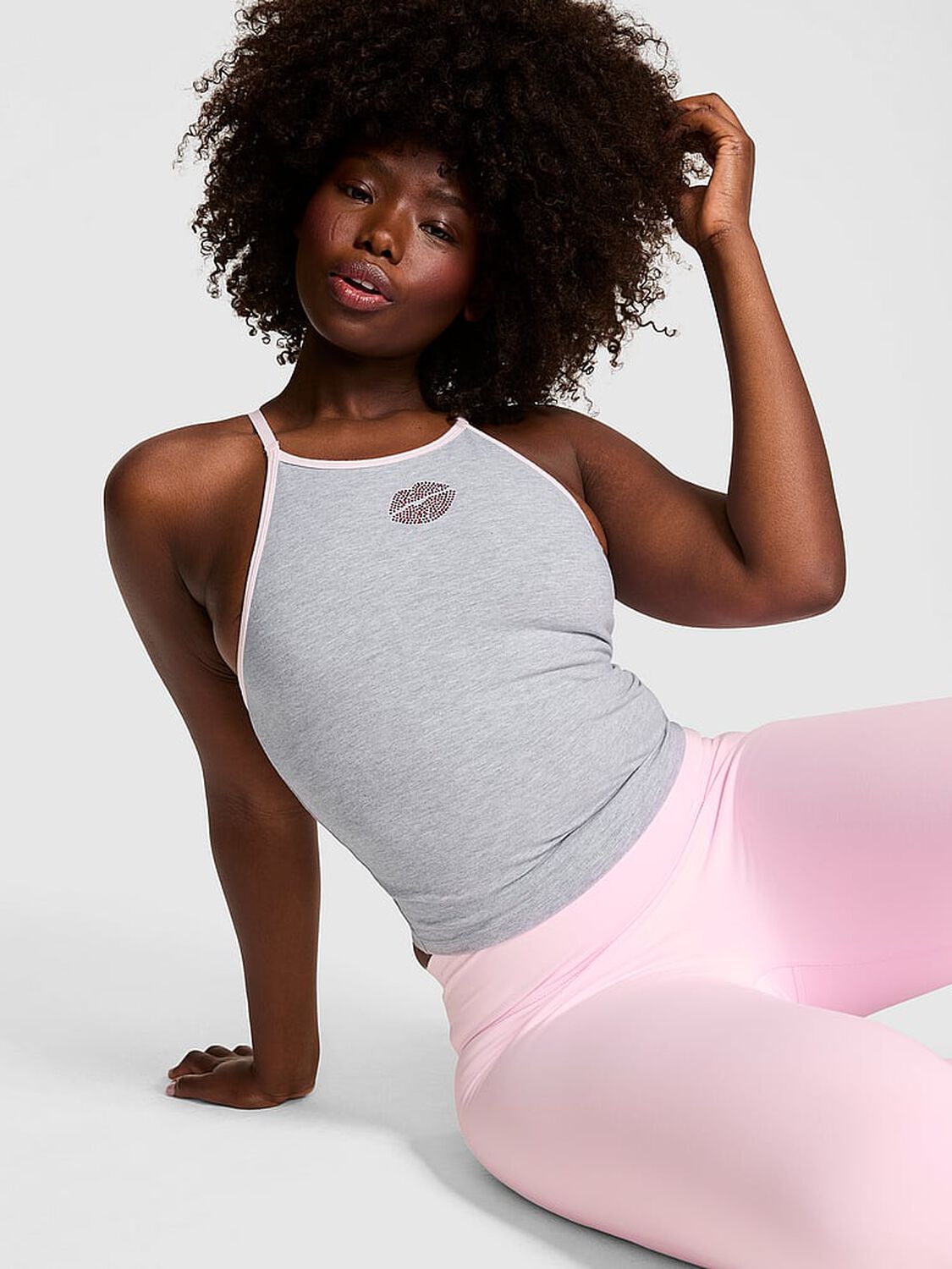 pink Pink All-Day Cotton High-Neck Bra Tank Medium Heather Grey Bling 1 of 4 
