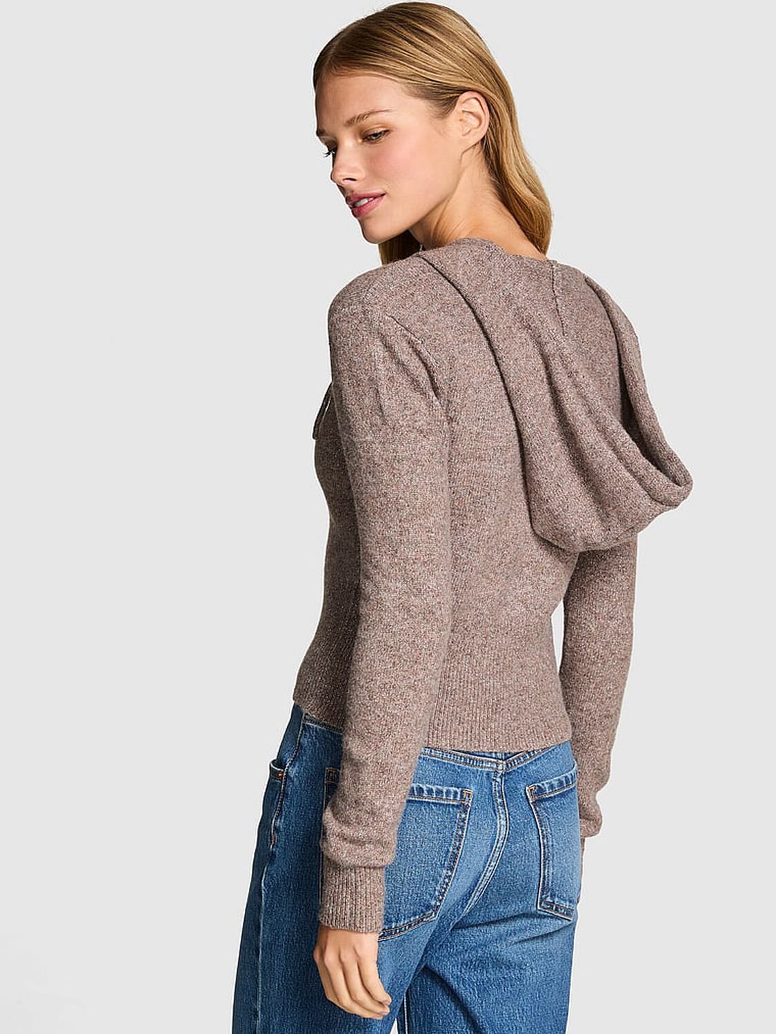 vs Pink Front-Zip Shrunken Sweater Hoodie Heather Cocoa Blush Lurex 2 of 2 