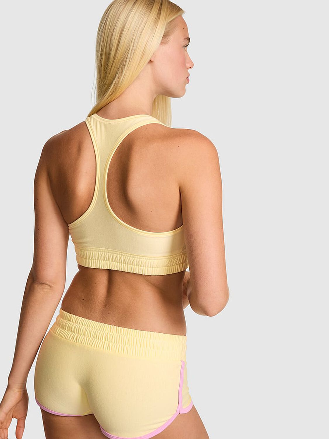 vs Pink Cotton Dorm Fleece Unlined Racerback Bralette Buttery Yellow With Logo 2 of 4 