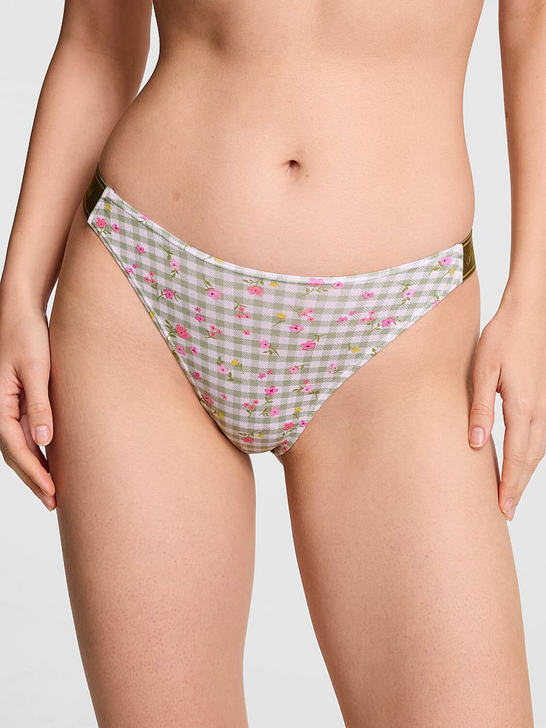 vs Pink Logo Cotton Shine High-Leg Thong Panty Slate Green Gingham Floral Print 1 of 3 