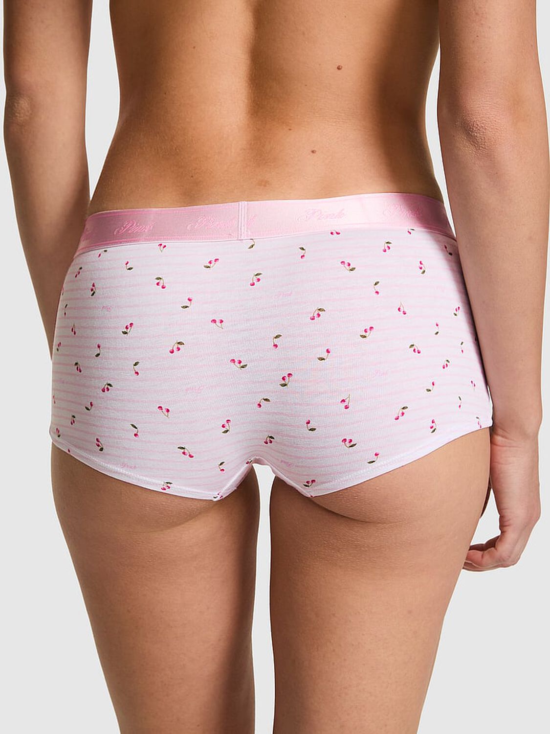 vs Pink Logo Cotton Boyshort Panty Pink Tulip Stripe Cherry Print 2 of 3 