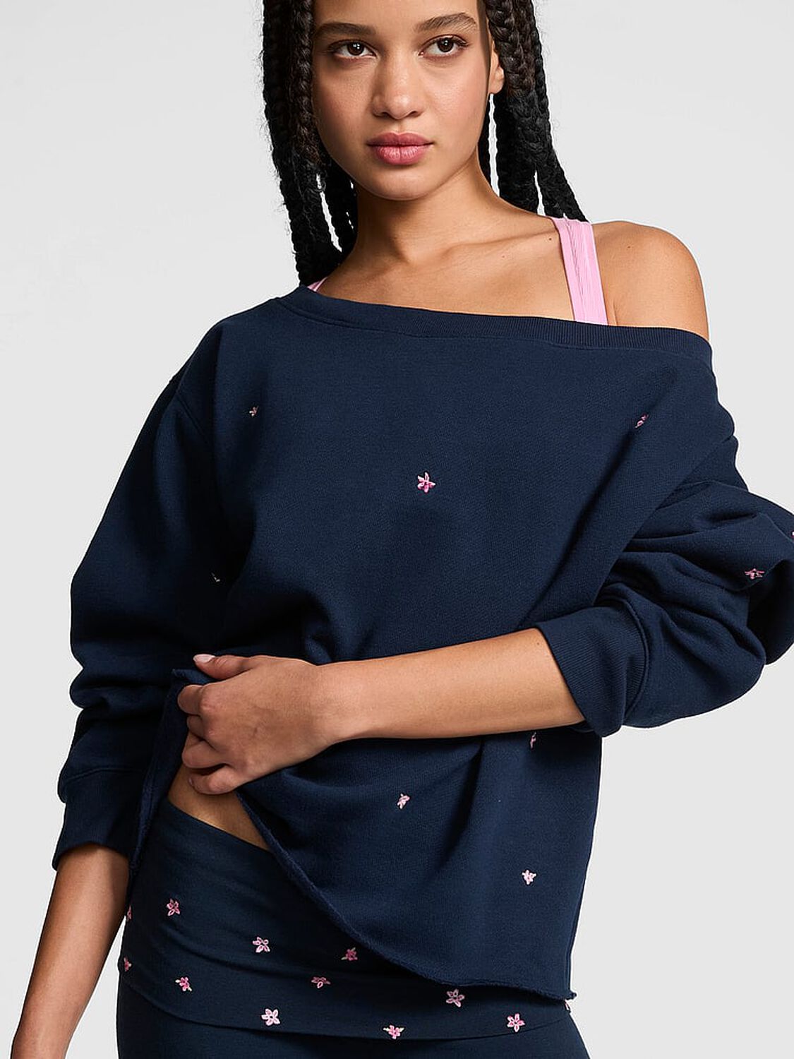 vs Pink Campus Fleece&trade; Rib Off-The-Shoulder Sweatshirt Noir Navy 1 of 3 