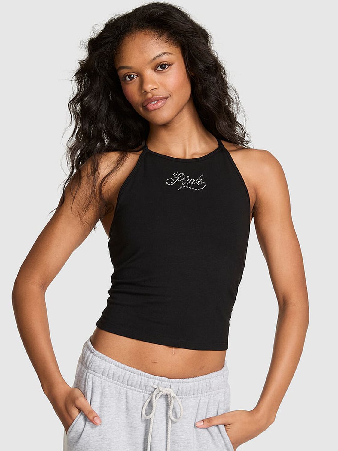 vs Pink All-Day Cotton High-Neck Bra Tank Limited Edition Pure Black Shine Lurex Thread 1 of 4 