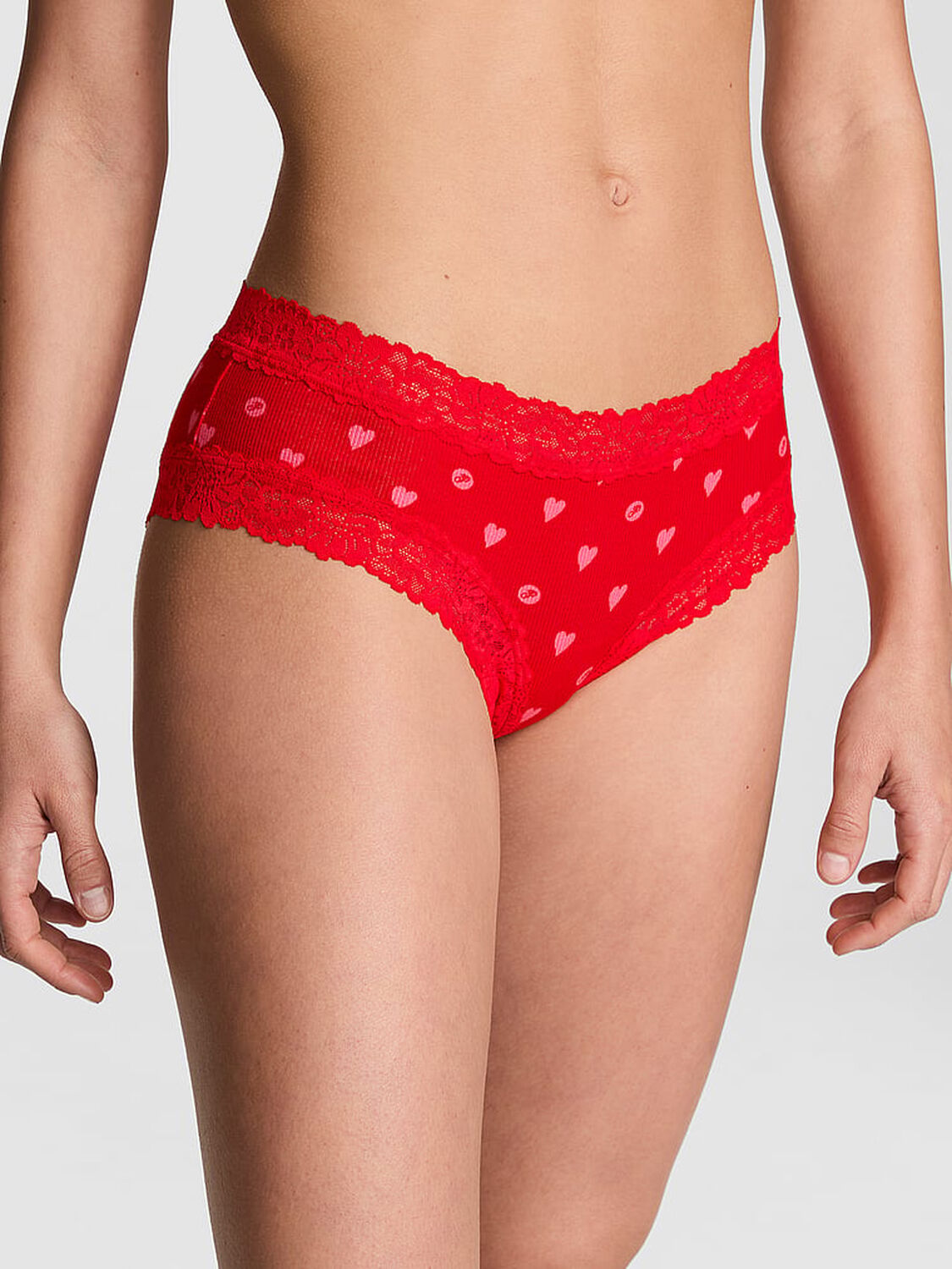vs Pink Wink Lace-Trim Cheeky Panty Bright Vermillion Heart Dot Print 1 of 4 