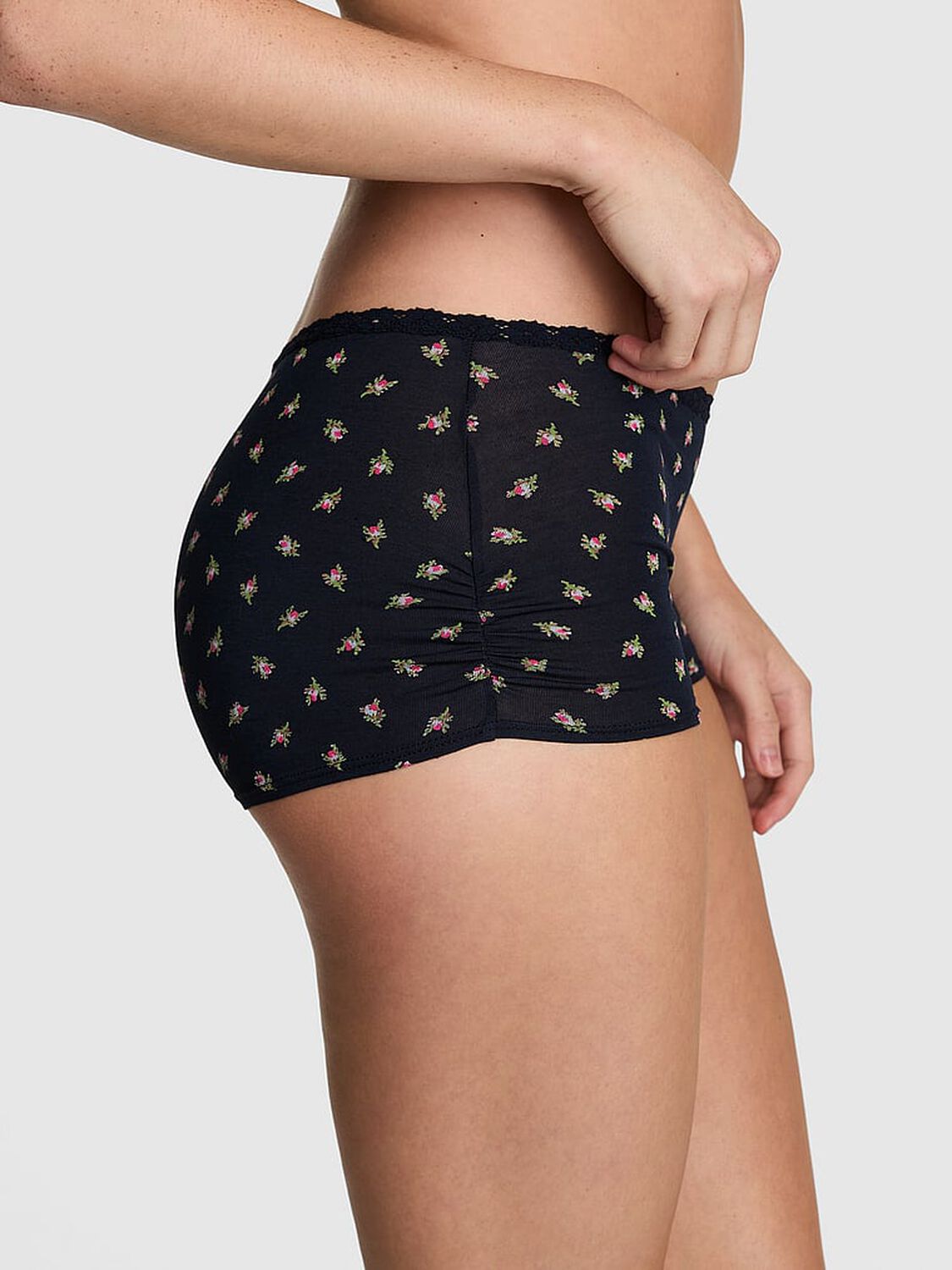vs Pink Cotton Dorm Boyshort Panty Noir Navy Rose Print With Noir Navy Lace 1 of 3 