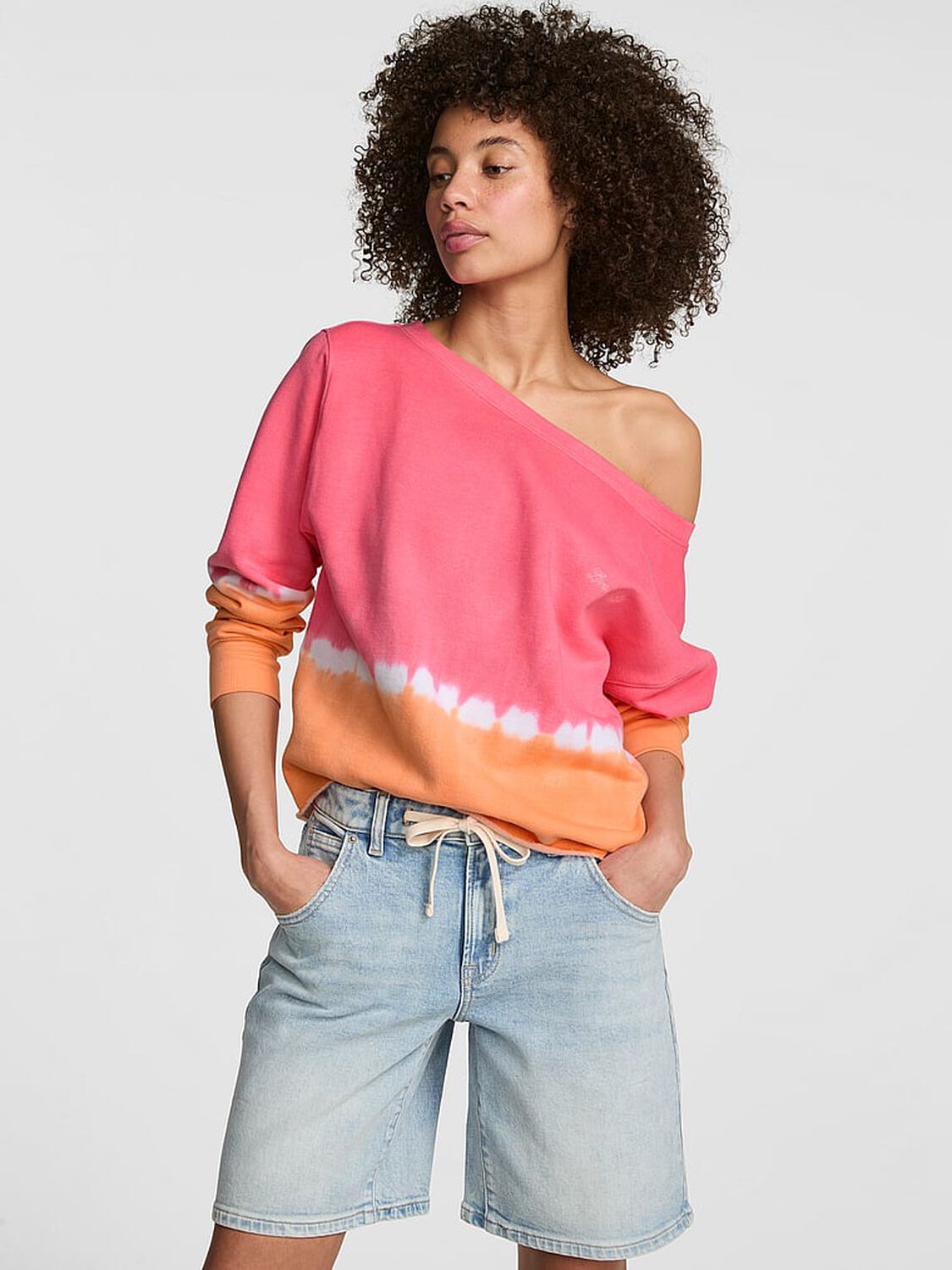 vs Pink Campus Fleece&trade; Rib Off-The-Shoulder Sweatshirt Pink & Orange Dip Dye 1 of 3 
