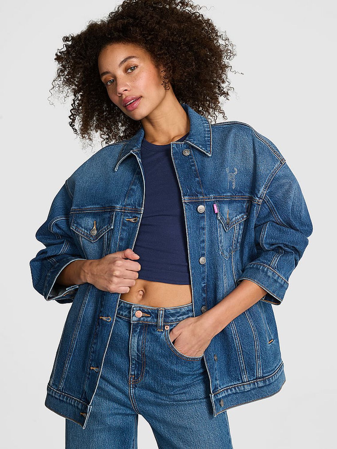 vs Pink Denim by PINK Oversized Trucker Jacket Limited Edition Medium Wash Bling 1 of 2 