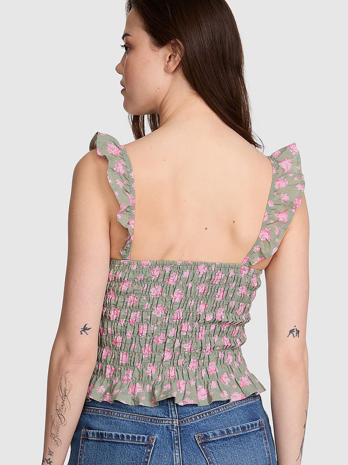 vs Pink Flirty Fit Smocked Tank Top Slate Green Floral 2 of 3 