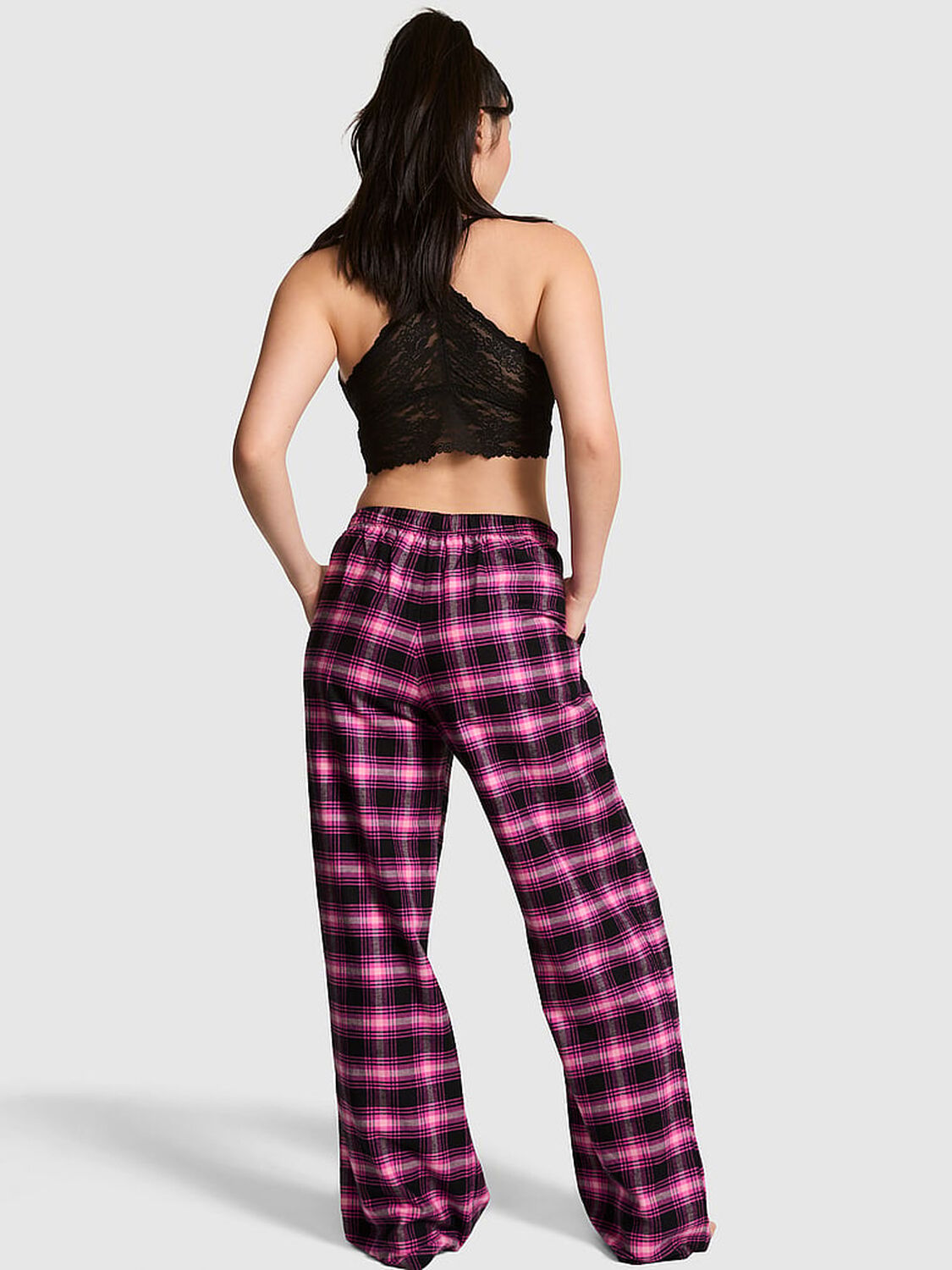 vs Pink 100% Cotton Favorite Flannel Pajama Pants Black And Pink Fire Plaid 2 of 3 