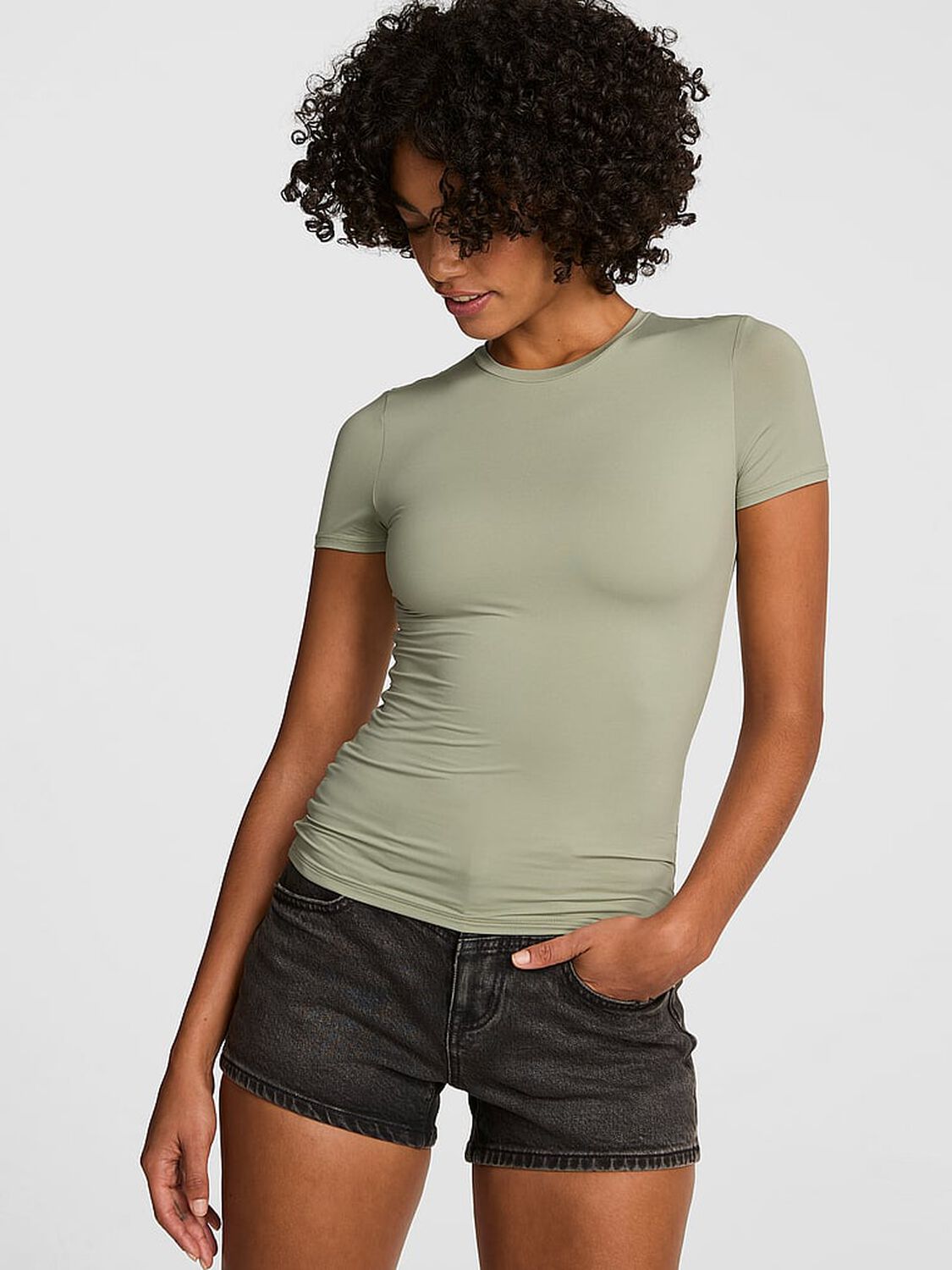 vs Pink PINK Base Stretch&trade; Short-Sleeve Tee Slate Green 1 of 2 